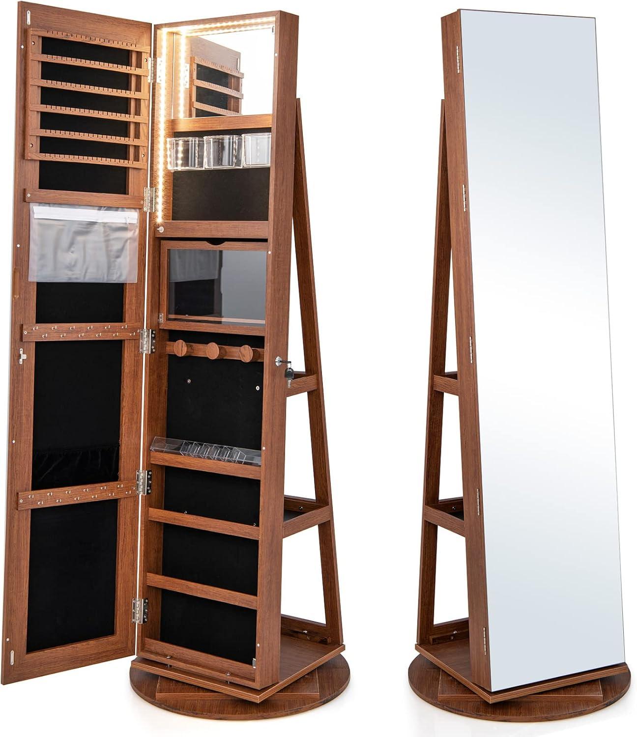 image:imageCHARMAID 360 Swivel Jewelry Armoire with Full Length Mirror Rear Storage Shelves Lockable Standing Jewelry Cabinet Organizer with Interior Vanity Mirror and 3Color Lights BlackWalnut