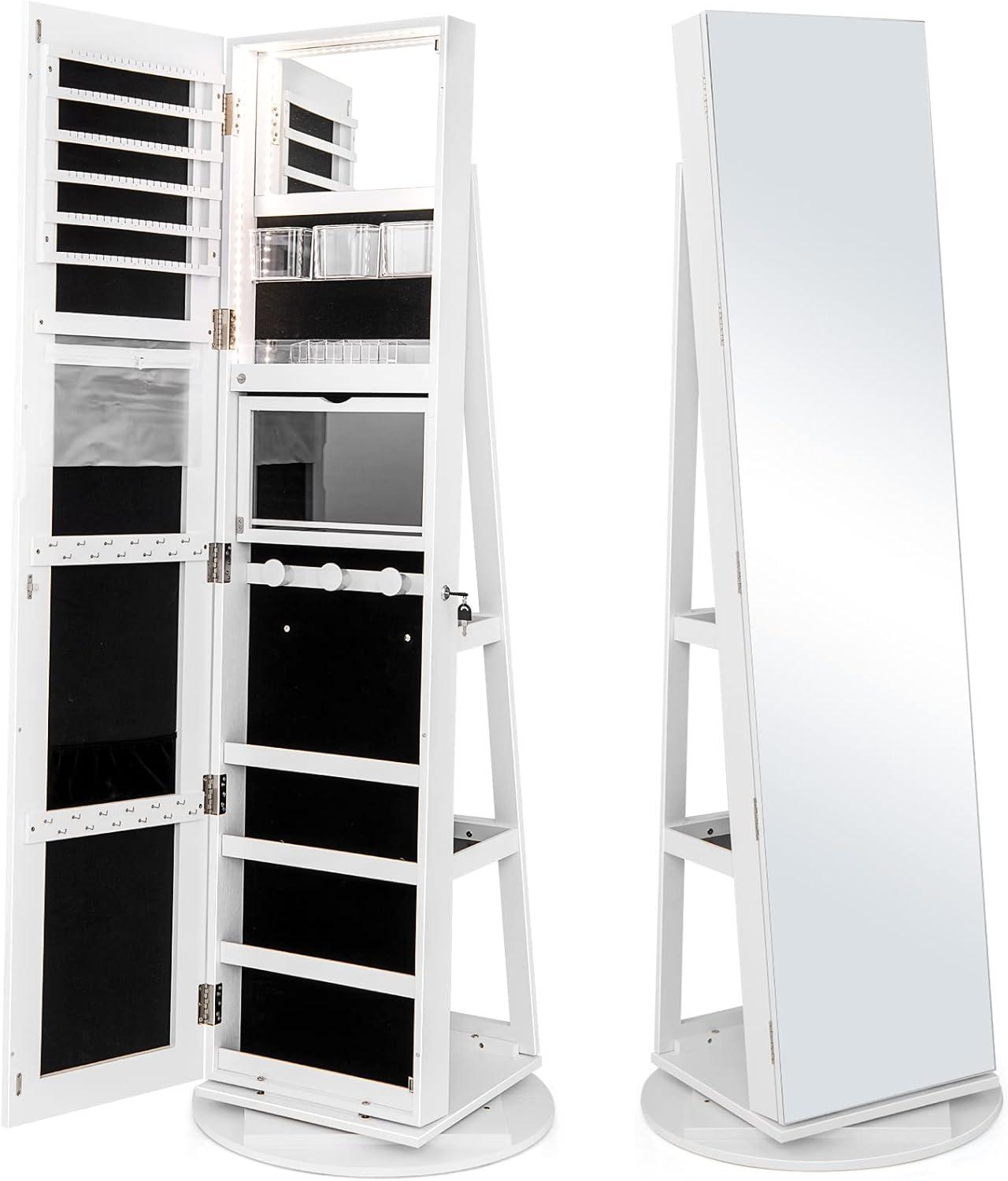 image:imageCHARMAID 360 Swivel Jewelry Armoire with Full Length Mirror Rear Storage Shelves Lockable Standing Jewelry Cabinet Organizer with Interior Vanity Mirror and 3Color Lights WhiteWhite