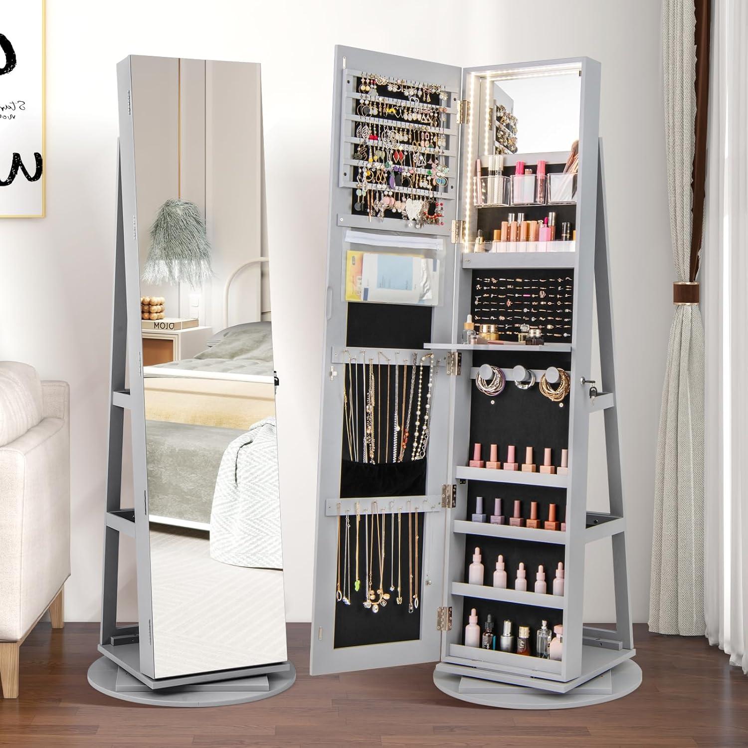 image:imageCHARMAID 360 Swivel Jewelry Armoire with Full Length Mirror Rear Storage Shelves Lockable Standing Jewelry Cabinet Organizer with Interior Vanity Mirror and 3Color Lights BlackGray