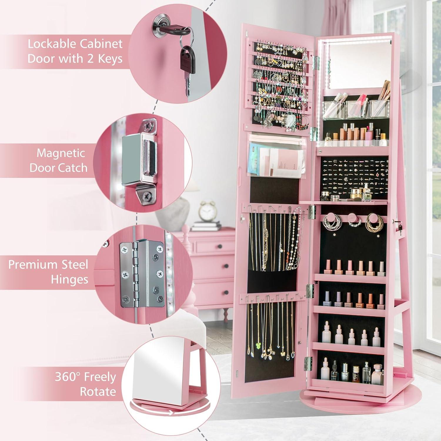 image:imageCHARMAID 360 Swivel Jewelry Armoire with Full Length Mirror Rear Storage Shelves Lockable Standing Jewelry Cabinet Organizer with Interior Vanity Mirror and 3Color Lights WhitePink