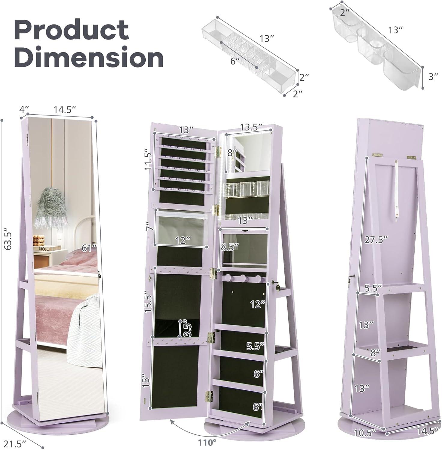 image:imageCHARMAID 360 Swivel Jewelry Armoire with Full Length Mirror Rear Storage Shelves Lockable Standing Jewelry Cabinet Organizer with Interior Vanity Mirror and 3Color Lights BlackLavender