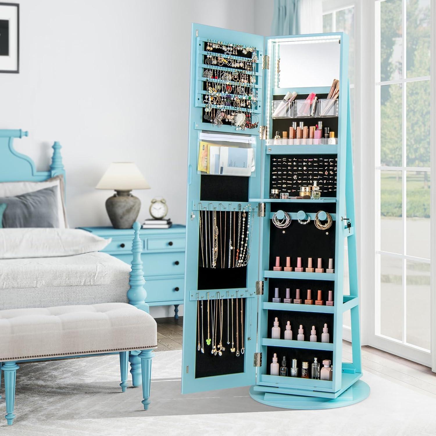 image:imageCHARMAID 360 Swivel Jewelry Armoire with Full Length Mirror Rear Storage Shelves Lockable Standing Jewelry Cabinet Organizer with Interior Vanity Mirror and 3Color Lights BlackSky Blue