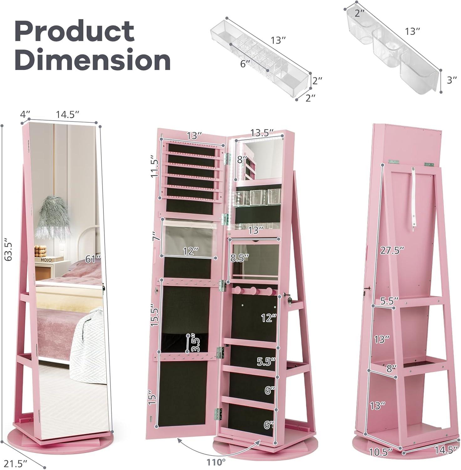 image:imageCHARMAID 360 Swivel Jewelry Armoire with Full Length Mirror Rear Storage Shelves Lockable Standing Jewelry Cabinet Organizer with Interior Vanity Mirror and 3Color Lights BlackPink