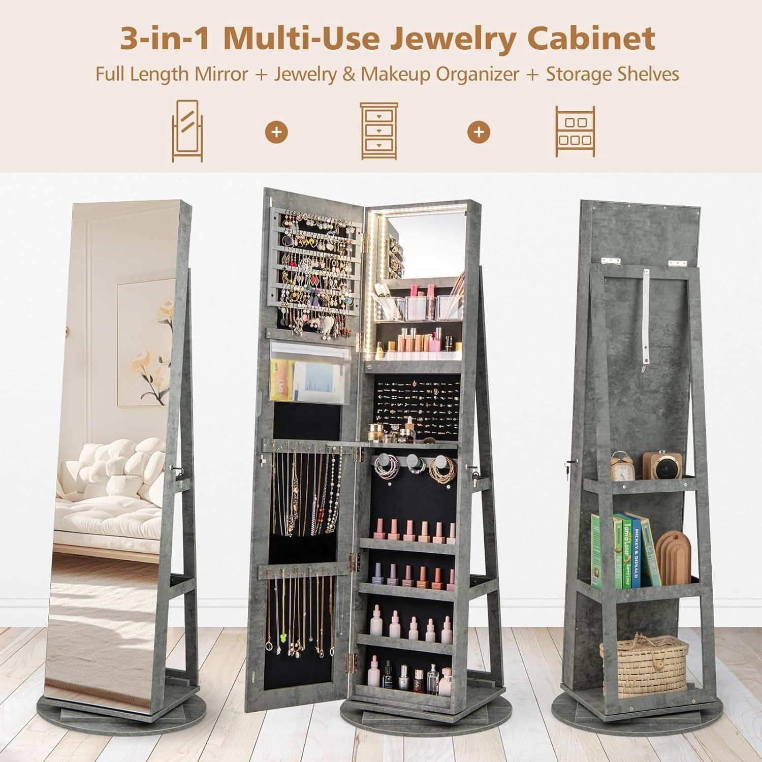 image:imageCHARMAID 360 Swivel Jewelry Armoire with Full Length Mirror Rear Storage Shelves Lockable Standing Jewelry Cabinet Organizer with Interior Vanity Mirror and 3Color Lights WhiteStone Gray