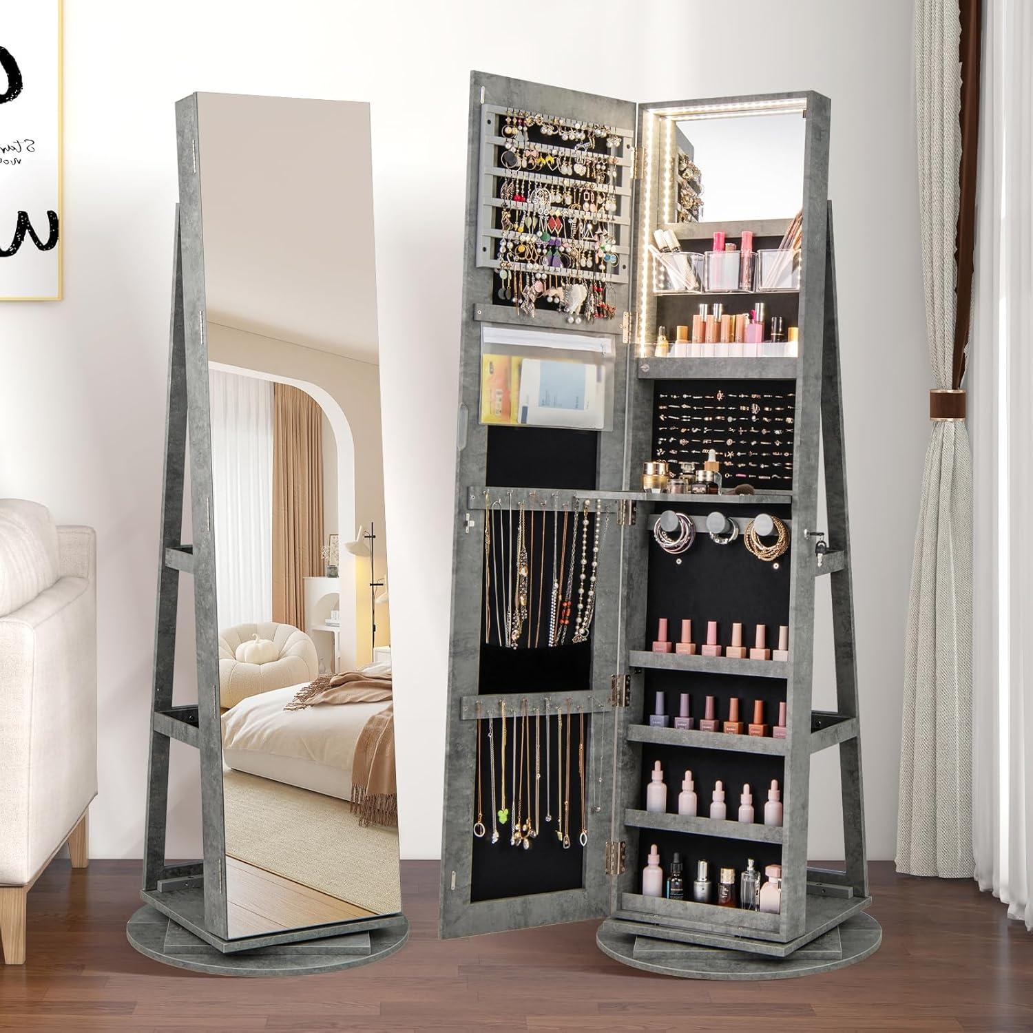image:imageCHARMAID 360 Swivel Jewelry Armoire with Full Length Mirror Rear Storage Shelves Lockable Standing Jewelry Cabinet Organizer with Interior Vanity Mirror and 3Color Lights WhiteStone Gray