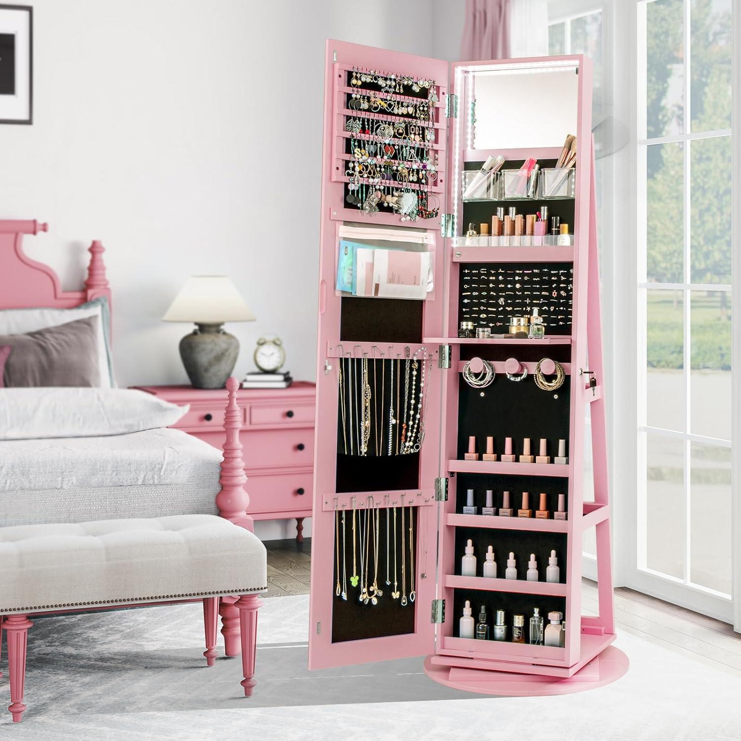 image:imageCHARMAID 360 Swivel Jewelry Armoire with Full Length Mirror Rear Storage Shelves Lockable Standing Jewelry Cabinet Organizer with Interior Vanity Mirror and 3Color Lights BlackPink