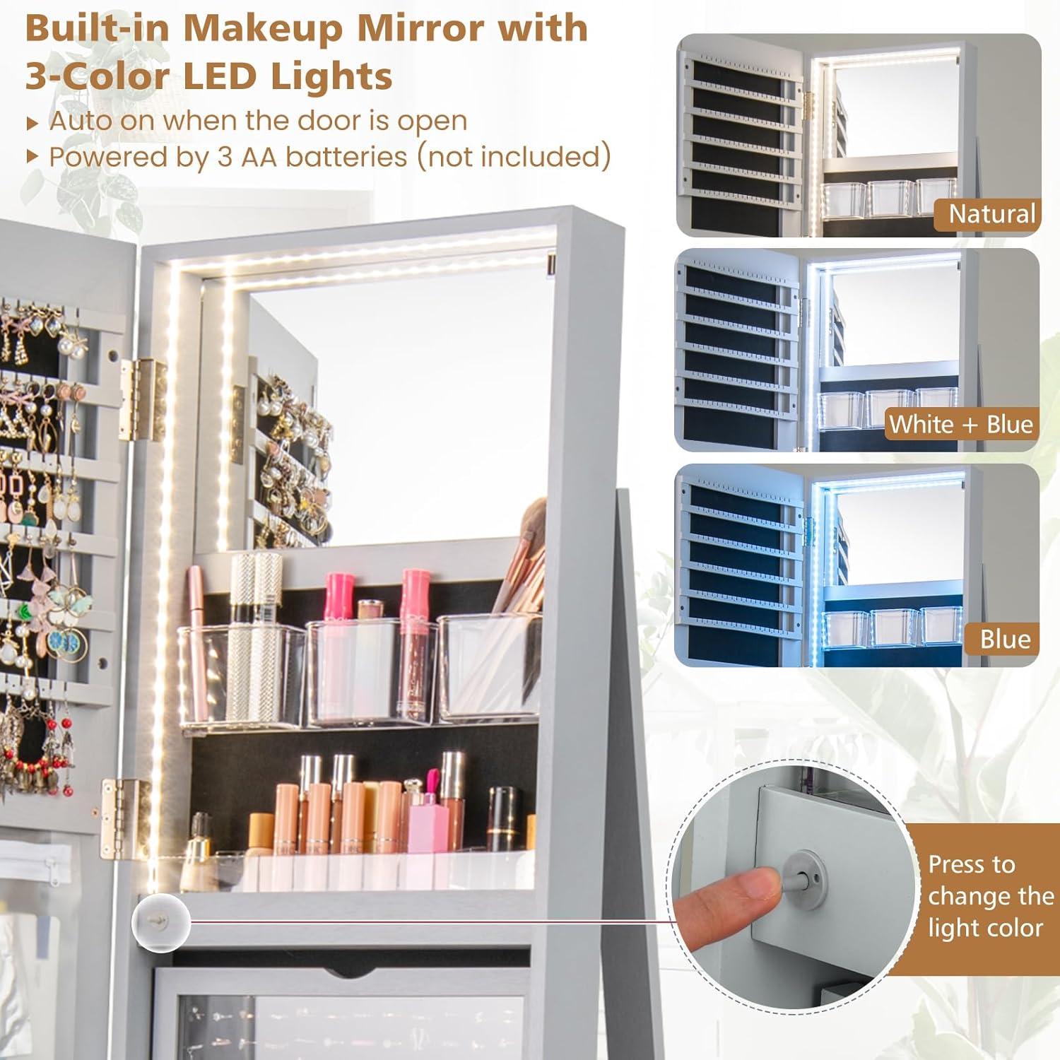 image:imageCHARMAID 360 Swivel Jewelry Armoire with Full Length Mirror Rear Storage Shelves Lockable Standing Jewelry Cabinet Organizer with Interior Vanity Mirror and 3Color Lights BlackGray