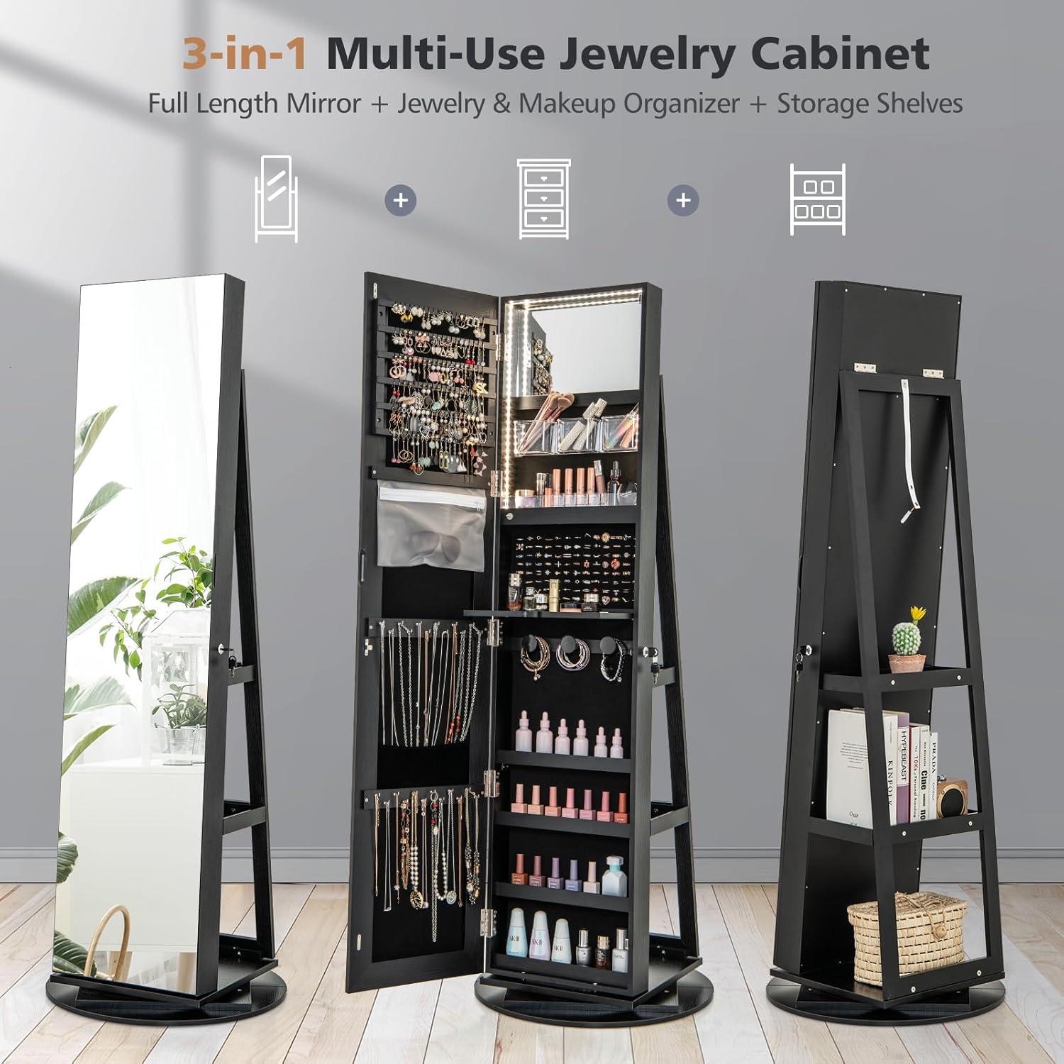 image:imageCHARMAID 360 Swivel Jewelry Armoire with Full Length Mirror Rear Storage Shelves Lockable Standing Jewelry Cabinet Organizer with Interior Vanity Mirror and 3Color Lights BlackBlack
