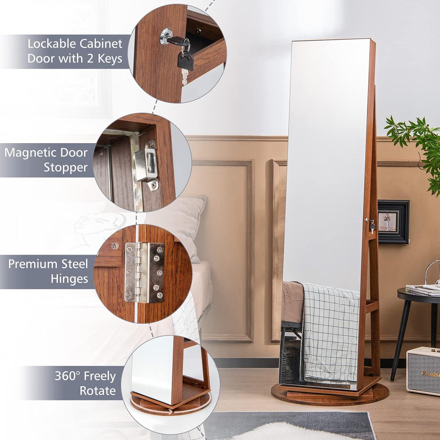 image:imageCHARMAID 360 Swivel Jewelry Armoire with Full Length Mirror Rear Storage Shelves Lockable Standing Jewelry Cabinet Organizer with Interior Vanity Mirror and 3Color Lights WhiteWalnut