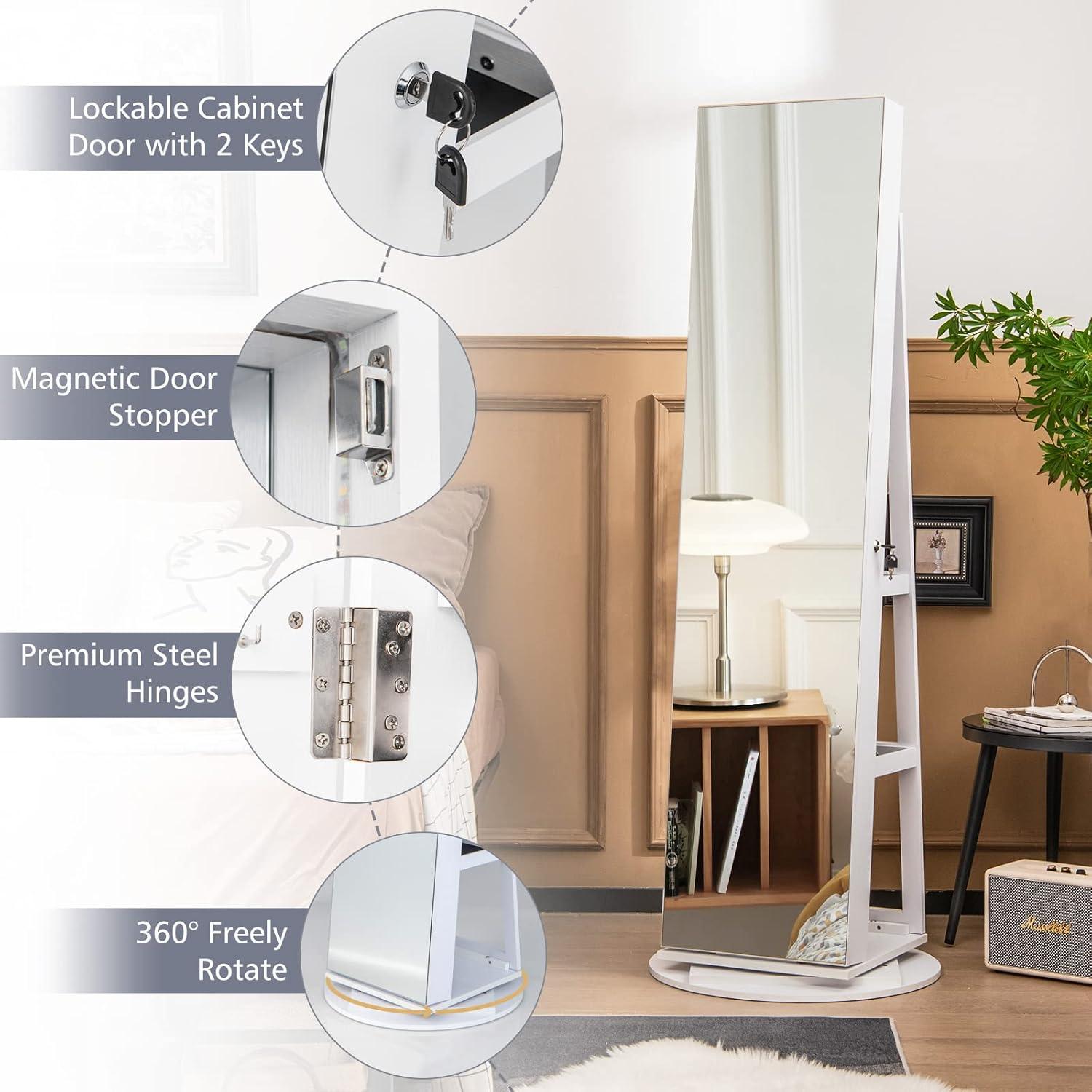 image:imageCHARMAID 360 Swivel Jewelry Armoire with Full Length Mirror Rear Storage Shelves Lockable Standing Jewelry Cabinet Organizer with Interior Vanity Mirror and 3Color Lights WhiteWhite