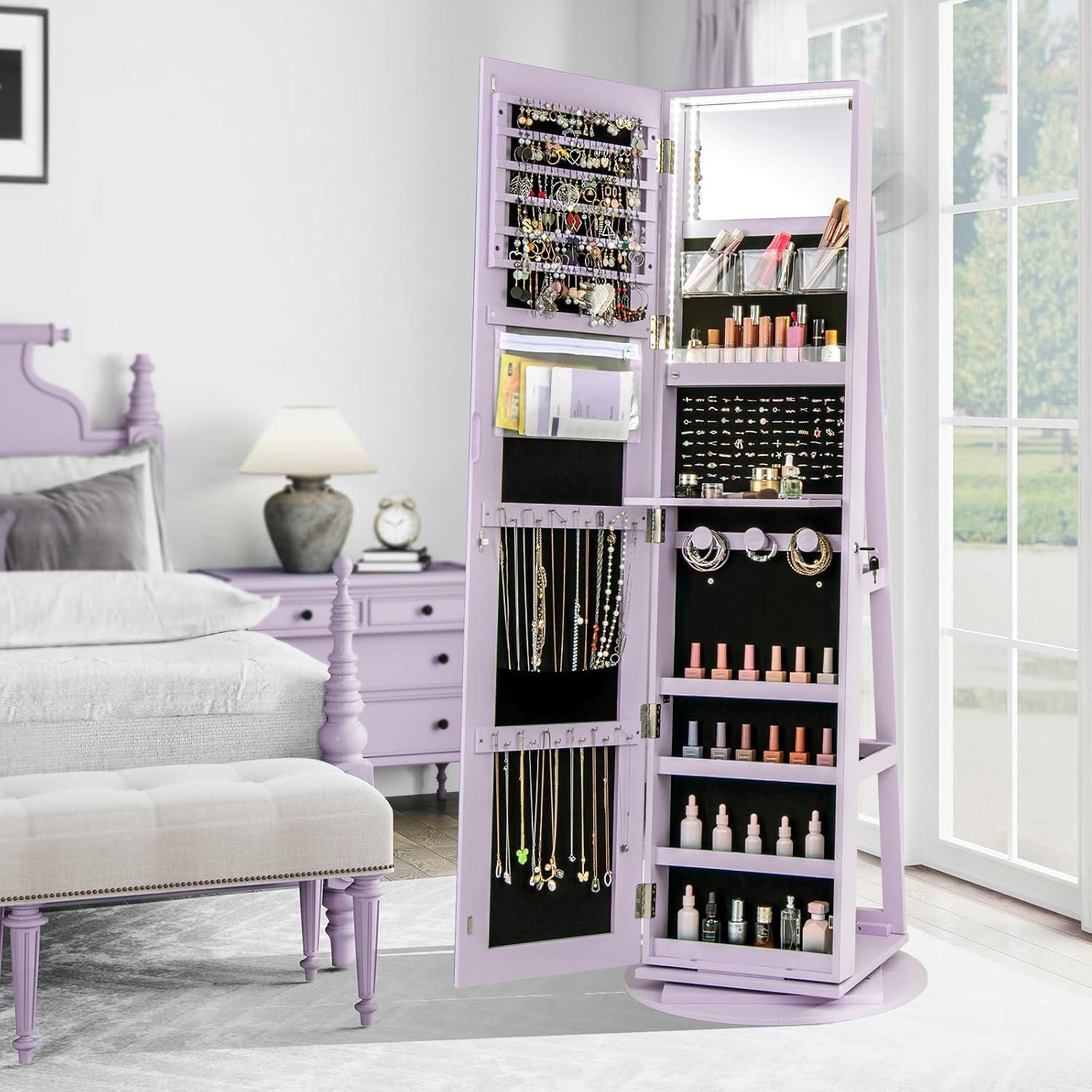 image:imageCHARMAID 360 Swivel Jewelry Armoire with Full Length Mirror Rear Storage Shelves Lockable Standing Jewelry Cabinet Organizer with Interior Vanity Mirror and 3Color Lights BlackLavender