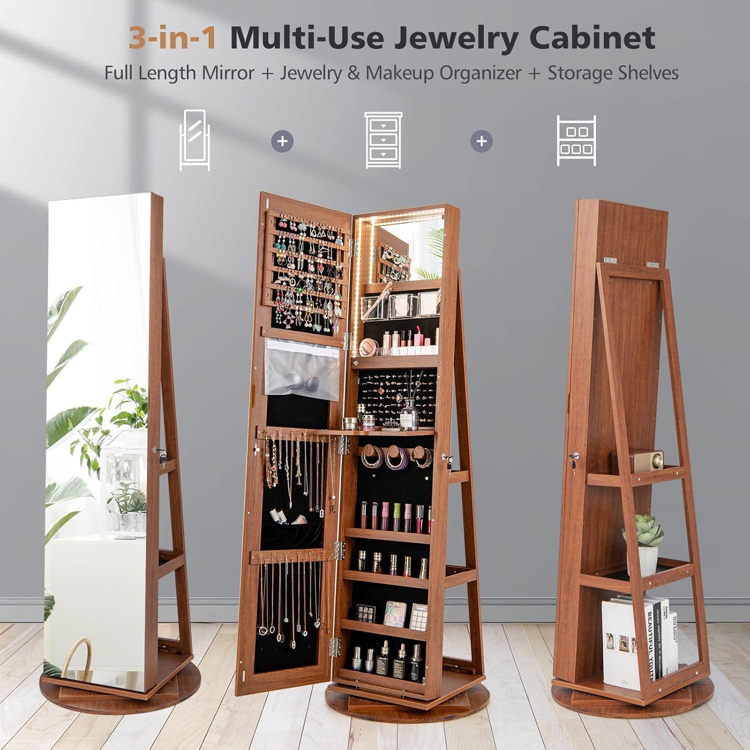 image:imageCHARMAID 360 Swivel Jewelry Armoire with Full Length Mirror Rear Storage Shelves Lockable Standing Jewelry Cabinet Organizer with Interior Vanity Mirror and 3Color Lights BlackWalnut