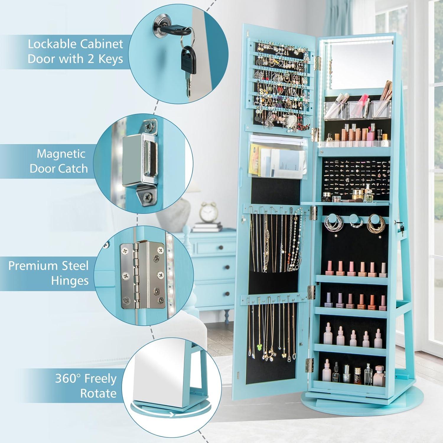 image:imageCHARMAID 360 Swivel Jewelry Armoire with Full Length Mirror Rear Storage Shelves Lockable Standing Jewelry Cabinet Organizer with Interior Vanity Mirror and 3Color Lights WhiteSky Blue