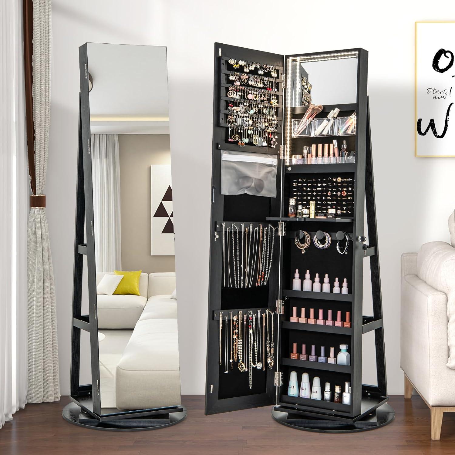 image:imageCHARMAID 360 Swivel Jewelry Armoire with Full Length Mirror Rear Storage Shelves Lockable Standing Jewelry Cabinet Organizer with Interior Vanity Mirror and 3Color Lights BlackBlack