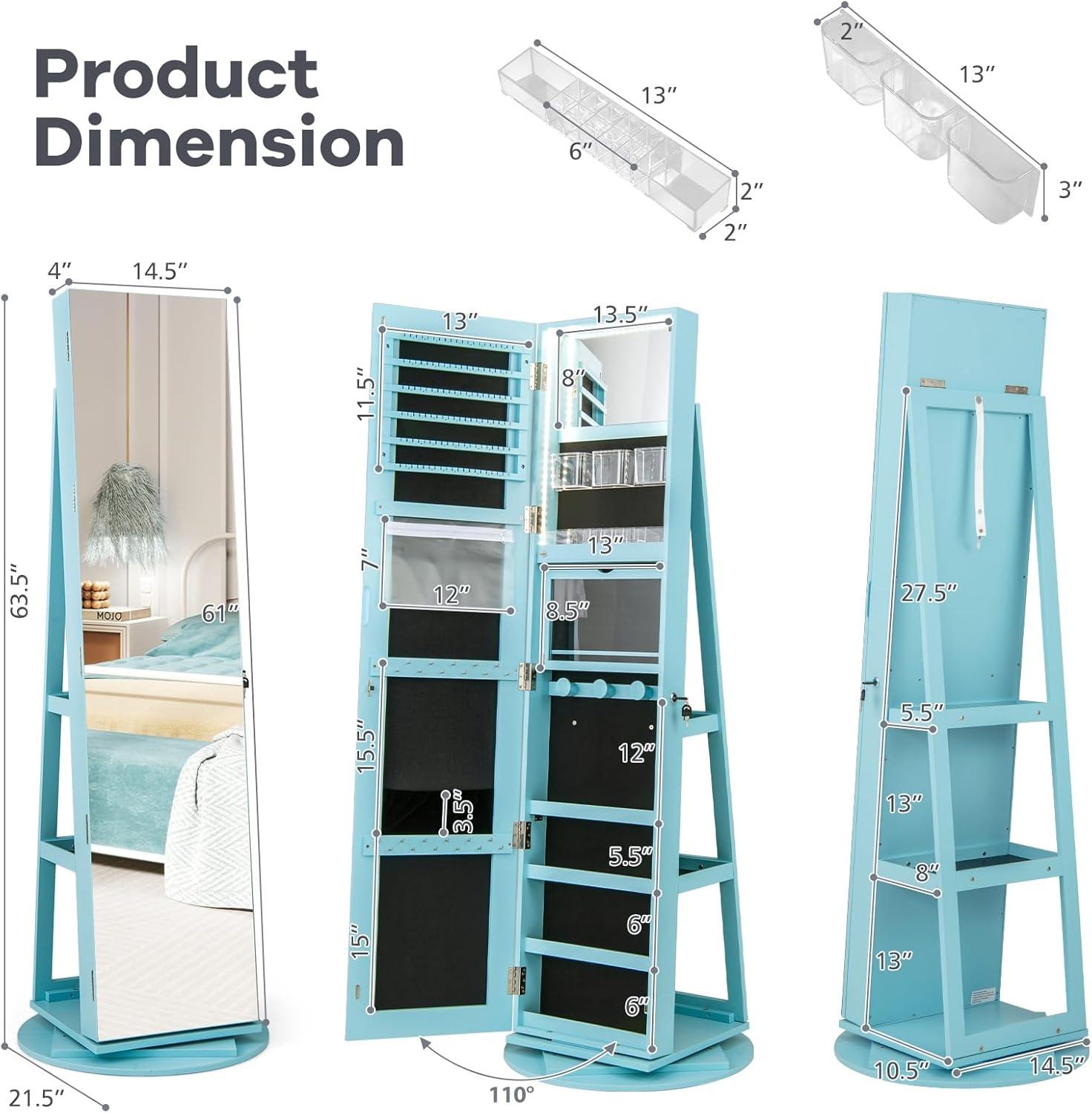 image:imageCHARMAID 360 Swivel Jewelry Armoire with Full Length Mirror Rear Storage Shelves Lockable Standing Jewelry Cabinet Organizer with Interior Vanity Mirror and 3Color Lights WhiteSky Blue