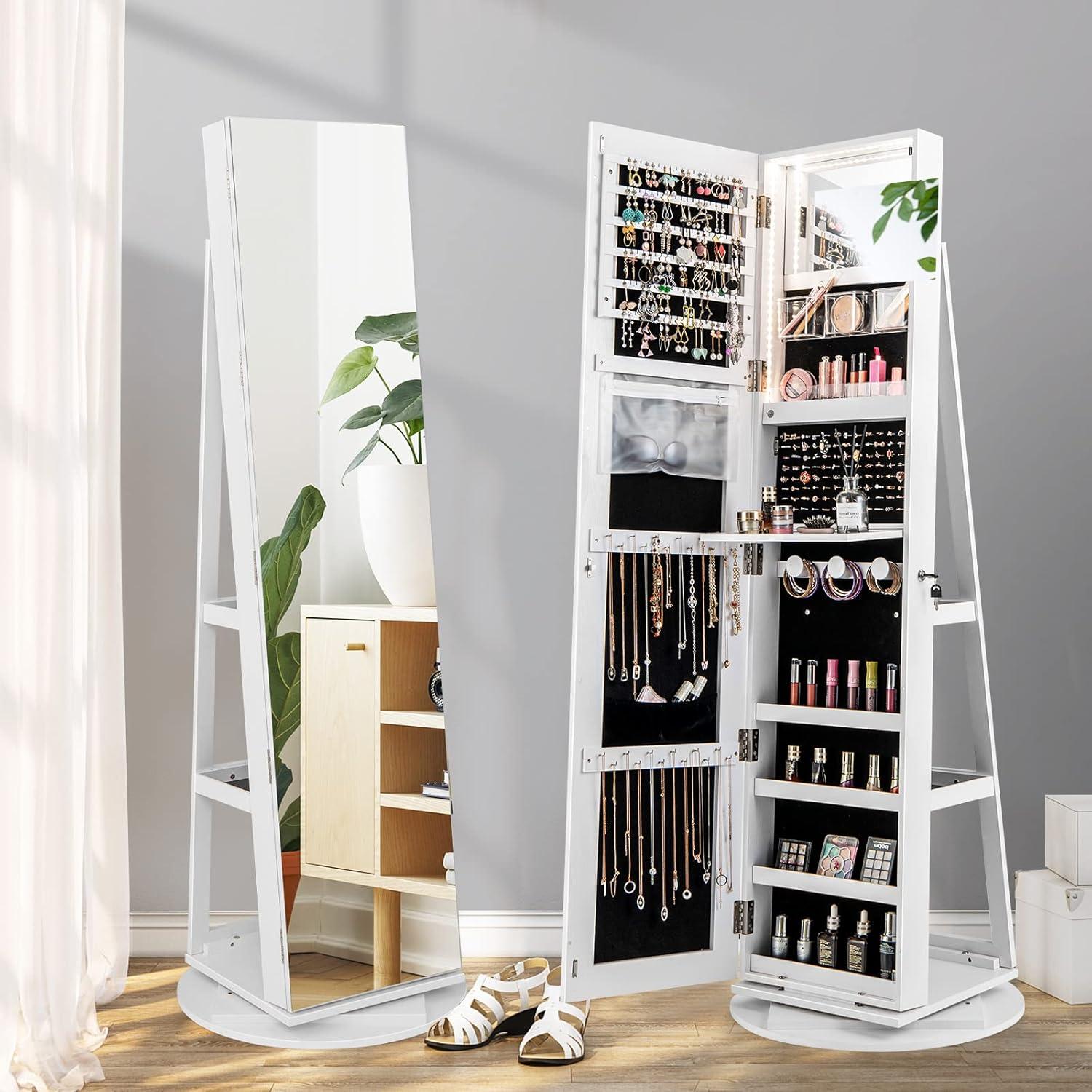 image:imageCHARMAID 360 Swivel Jewelry Armoire with Full Length Mirror Rear Storage Shelves Lockable Standing Jewelry Cabinet Organizer with Interior Vanity Mirror and 3Color Lights WhiteWhite