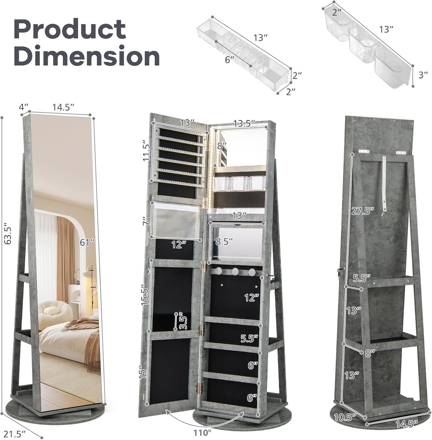 image:imageCHARMAID 360 Swivel Jewelry Armoire with Full Length Mirror Rear Storage Shelves Lockable Standing Jewelry Cabinet Organizer with Interior Vanity Mirror and 3Color Lights BlackStone Gray