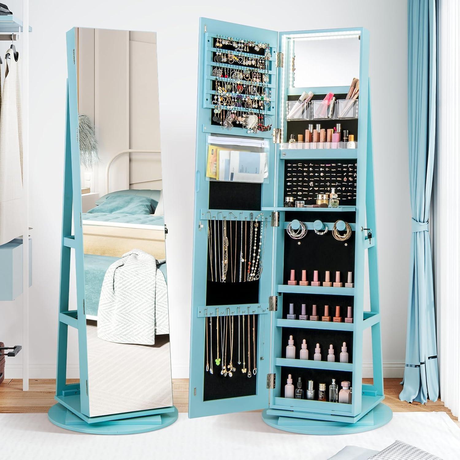 image:imageCHARMAID 360 Swivel Jewelry Armoire with Full Length Mirror Rear Storage Shelves Lockable Standing Jewelry Cabinet Organizer with Interior Vanity Mirror and 3Color Lights WhiteSky Blue