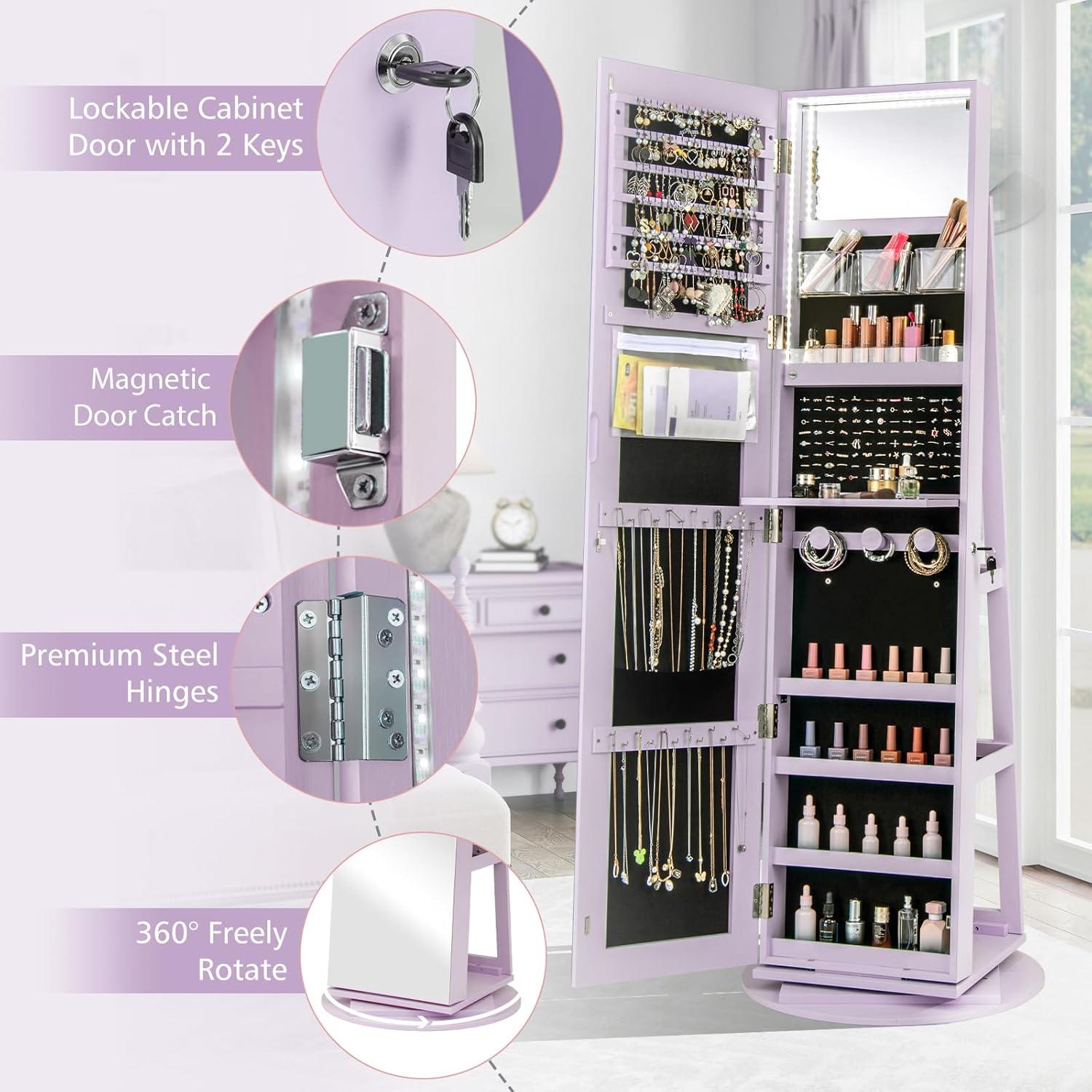 image:imageCHARMAID 360 Swivel Jewelry Armoire with Full Length Mirror Rear Storage Shelves Lockable Standing Jewelry Cabinet Organizer with Interior Vanity Mirror and 3Color Lights BlackLavender
