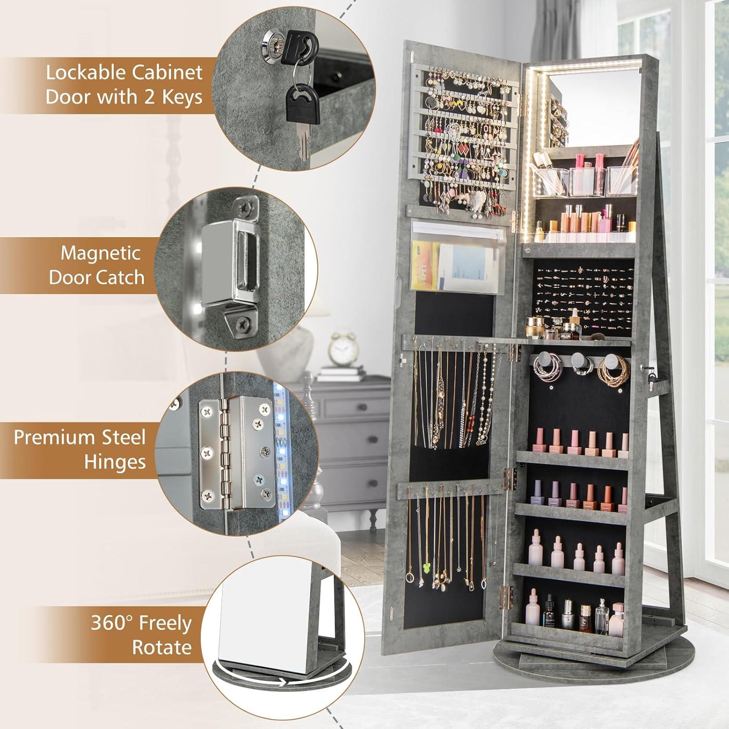 image:imageCHARMAID 360 Swivel Jewelry Armoire with Full Length Mirror Rear Storage Shelves Lockable Standing Jewelry Cabinet Organizer with Interior Vanity Mirror and 3Color Lights BlackStone Gray
