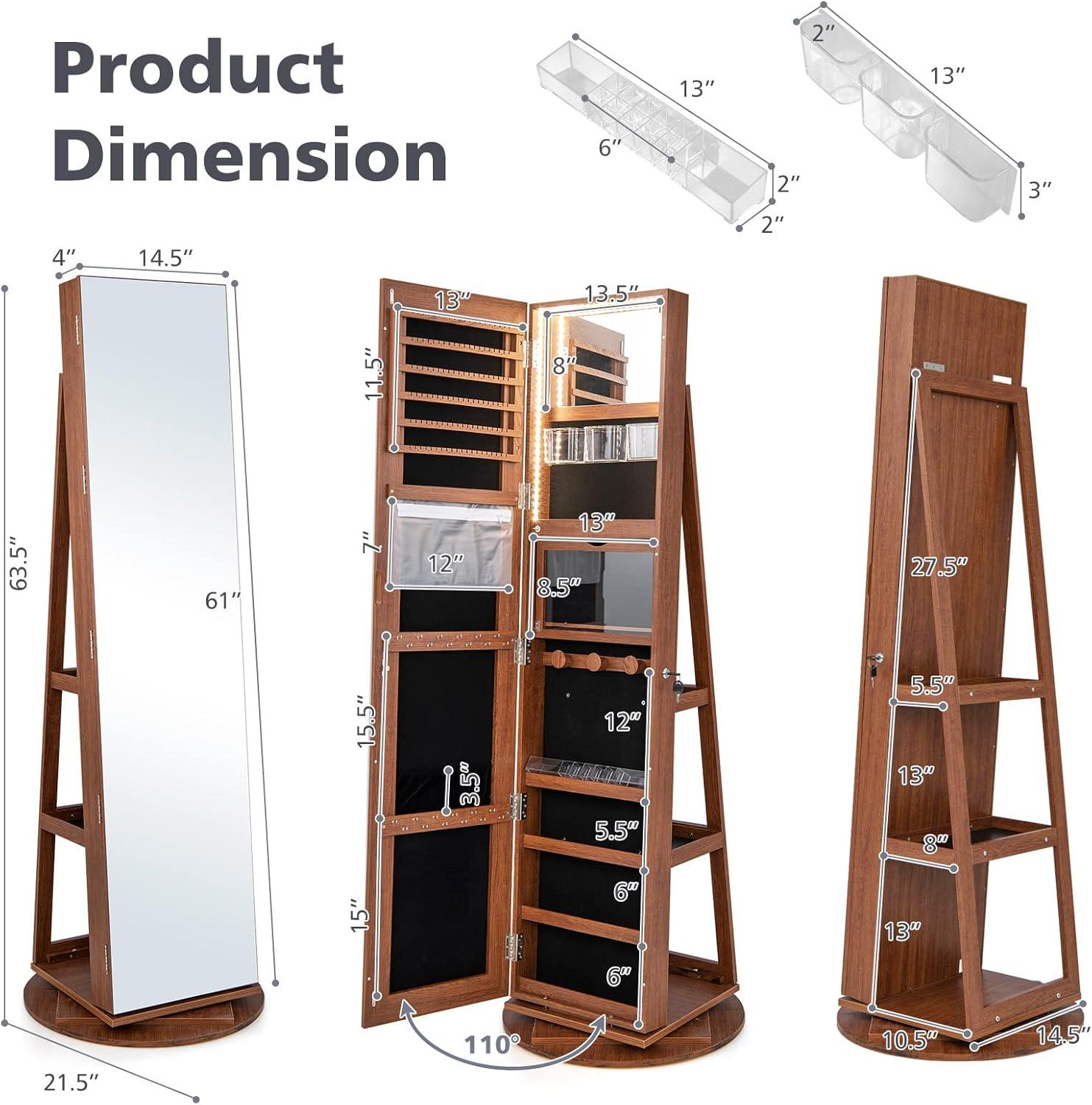 image:imageCHARMAID 360 Swivel Jewelry Armoire with Full Length Mirror Rear Storage Shelves Lockable Standing Jewelry Cabinet Organizer with Interior Vanity Mirror and 3Color Lights BlackWalnut