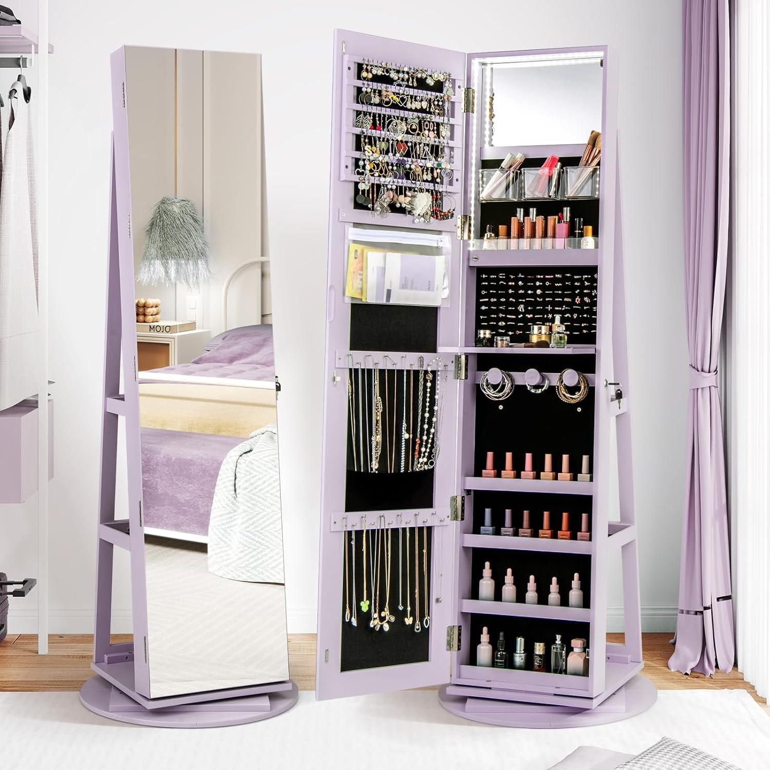 image:imageCHARMAID 360 Swivel Jewelry Armoire with Full Length Mirror Rear Storage Shelves Lockable Standing Jewelry Cabinet Organizer with Interior Vanity Mirror and 3Color Lights BlackLavender