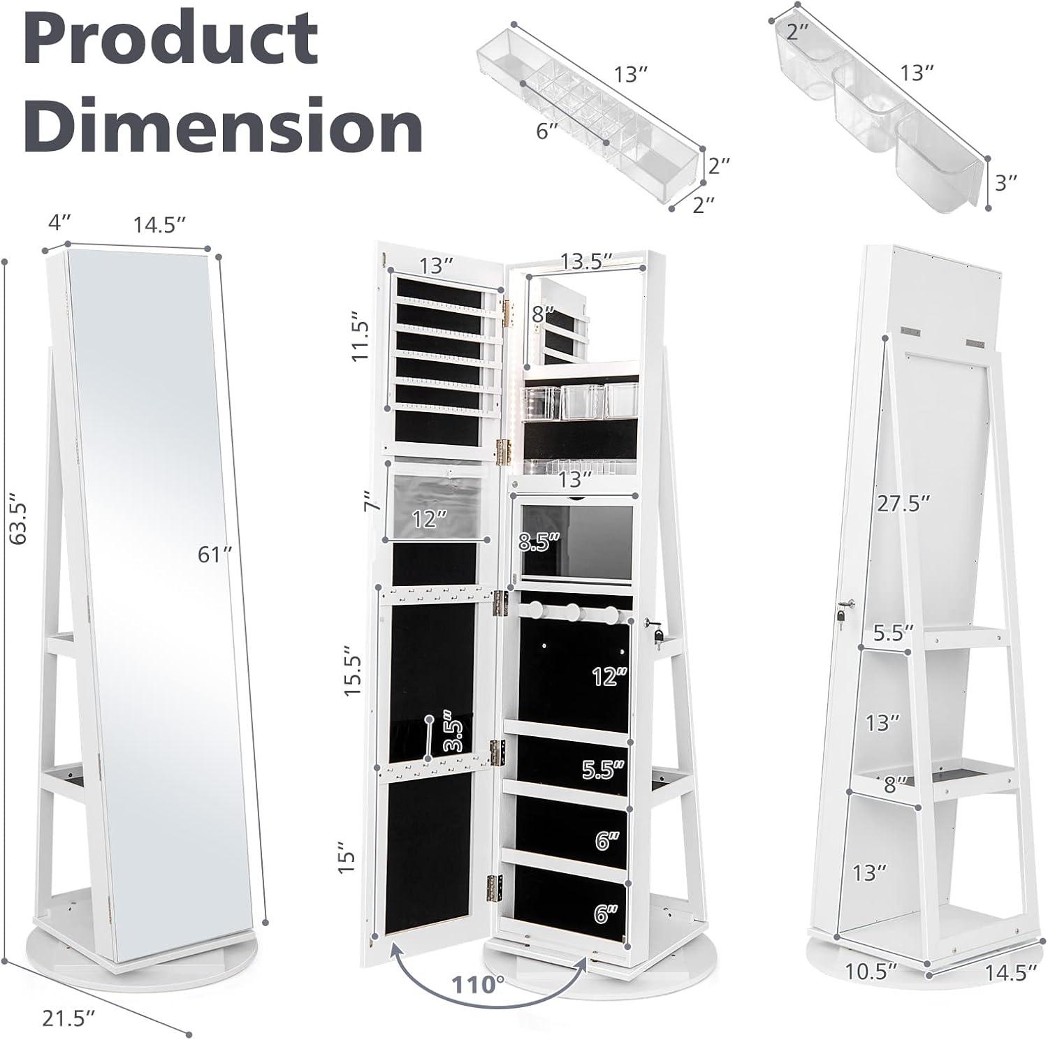 image:imageCHARMAID 360 Swivel Jewelry Armoire with Full Length Mirror Rear Storage Shelves Lockable Standing Jewelry Cabinet Organizer with Interior Vanity Mirror and 3Color Lights WhiteWhite