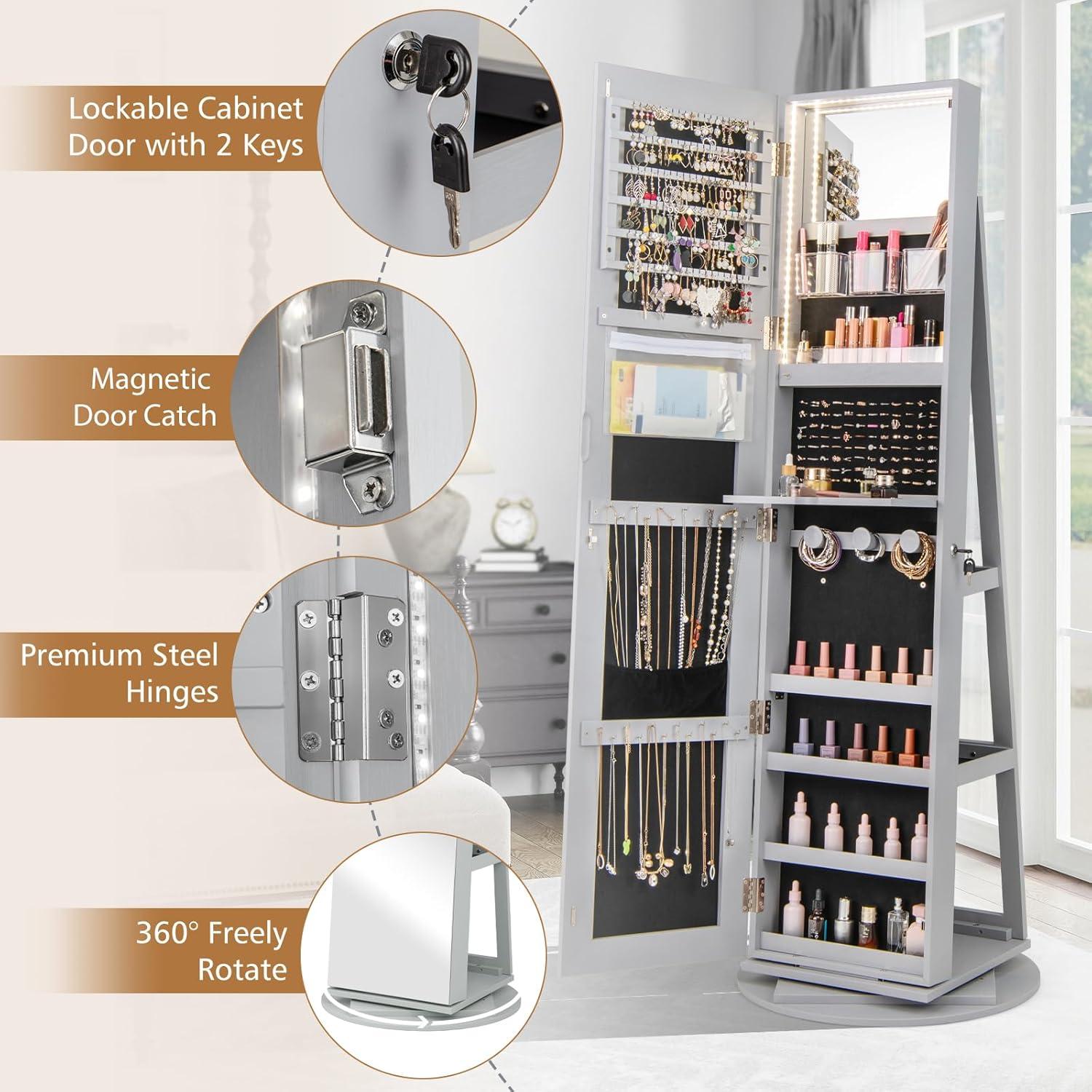 image:imageCHARMAID 360 Swivel Jewelry Armoire with Full Length Mirror Rear Storage Shelves Lockable Standing Jewelry Cabinet Organizer with Interior Vanity Mirror and 3Color Lights BlackGray
