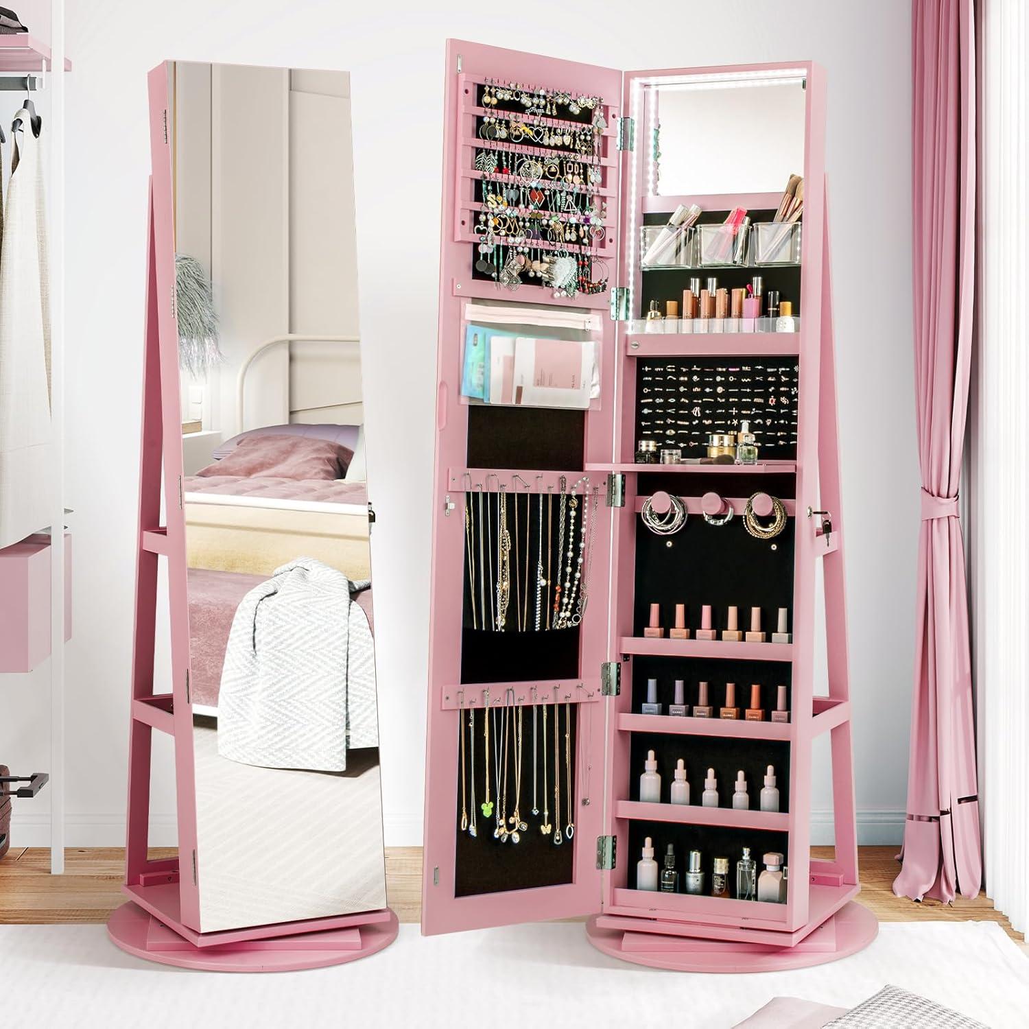 image:imageCHARMAID 360 Swivel Jewelry Armoire with Full Length Mirror Rear Storage Shelves Lockable Standing Jewelry Cabinet Organizer with Interior Vanity Mirror and 3Color Lights BlackPink