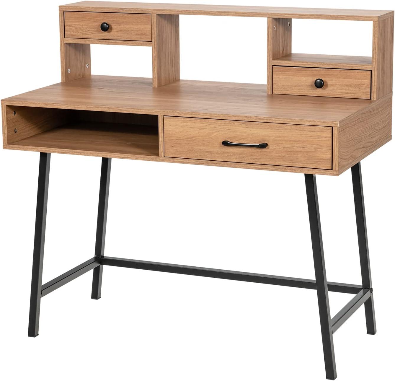 image:imageCHARMAID 42 Vanity Table with Large Drawer 2 Small Drawers Desktop Shelf Open Storage Space Sturdy Steel Legs Modern Writing Desk with Top Hutch for Bedroom Home Office