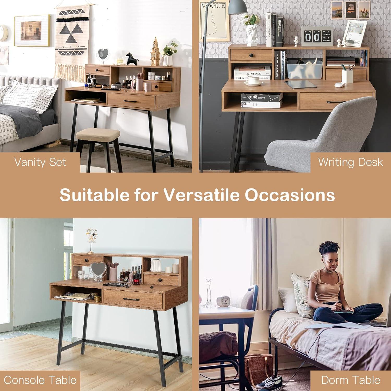 image:imageCHARMAID 42 Vanity Table with Large Drawer 2 Small Drawers Desktop Shelf Open Storage Space Sturdy Steel Legs Modern Writing Desk with Top Hutch for Bedroom Home Office