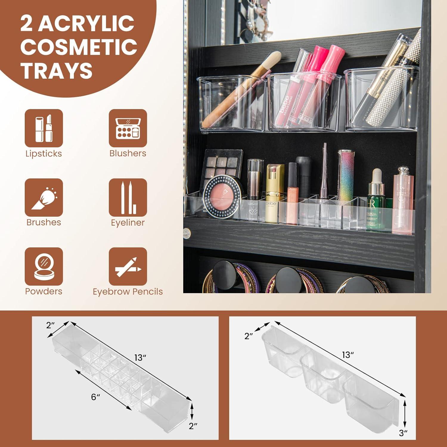 image:imageCHARMAID Jewelry Armoire Cabinet Wall Door Mounted 3 Colors LED Light Strip 472H Full Length Mirror Brush and Lipstick Storage Lockable Jewelry Organizer Box with 4 Drawers Black