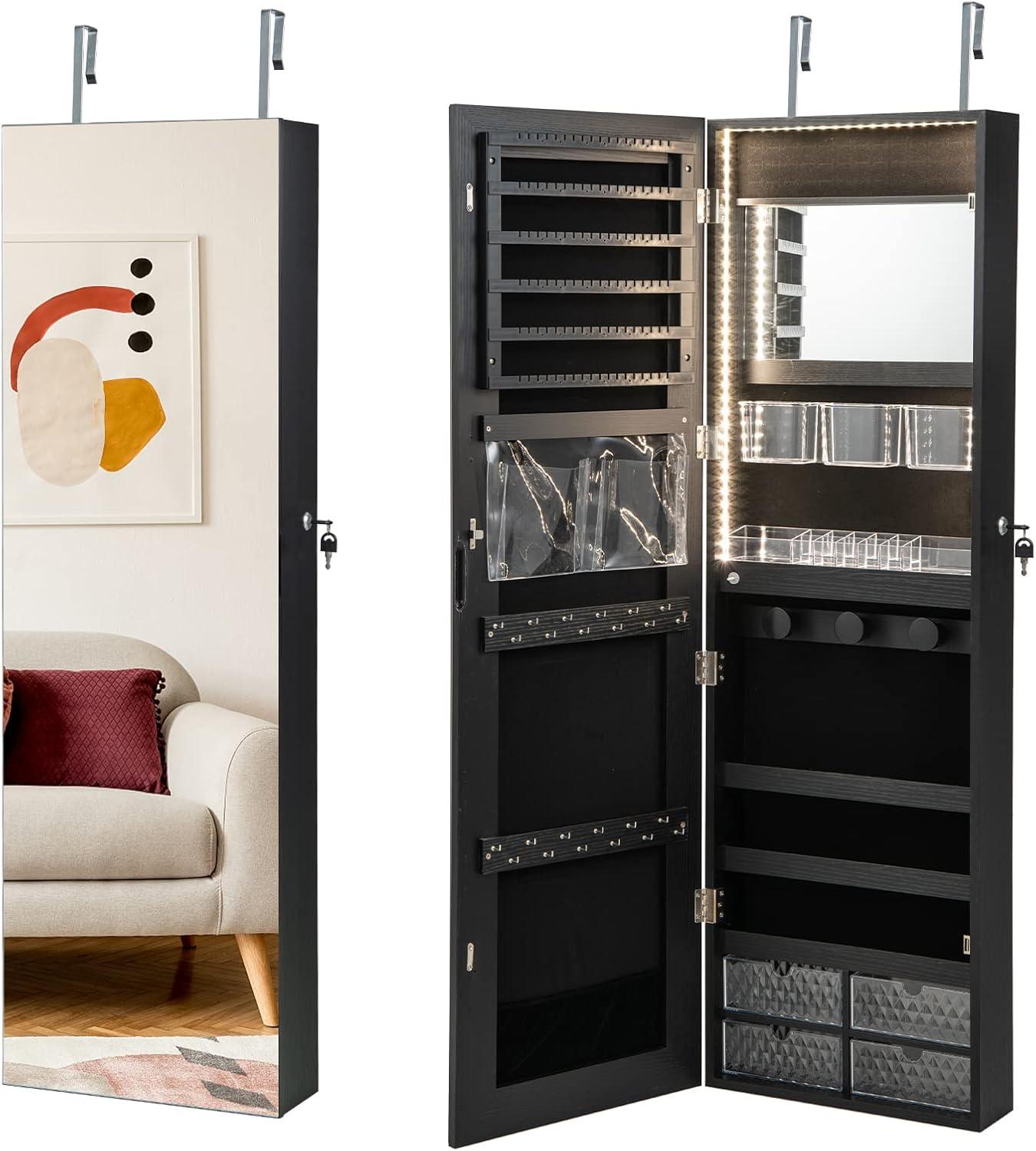 image:imageCHARMAID Jewelry Armoire Cabinet Wall Door Mounted 3 Colors LED Light Strip 472H Full Length Mirror Brush and Lipstick Storage Lockable Jewelry Organizer Box with 4 Drawers Black