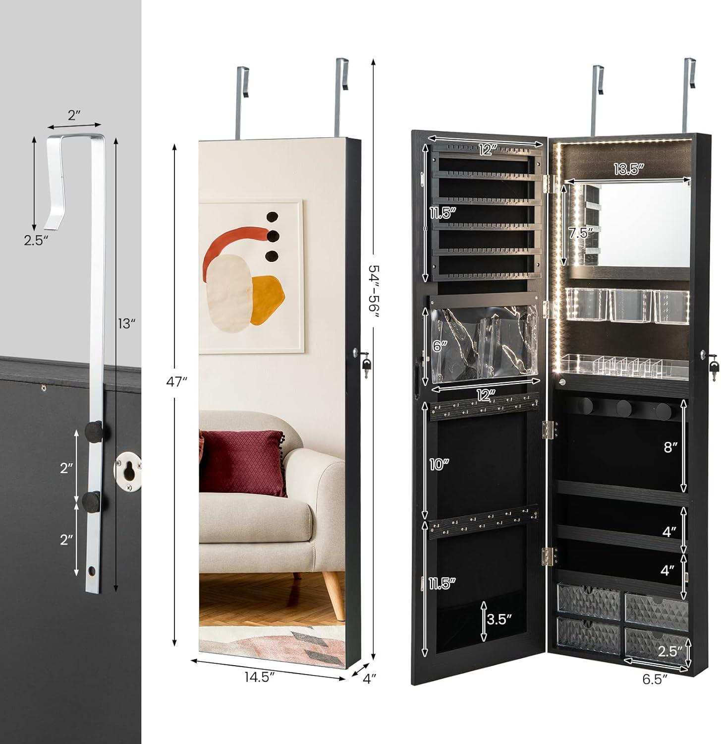 image:imageCHARMAID Jewelry Armoire Cabinet Wall Door Mounted 3 Colors LED Light Strip 472H Full Length Mirror Brush and Lipstick Storage Lockable Jewelry Organizer Box with 4 Drawers Black