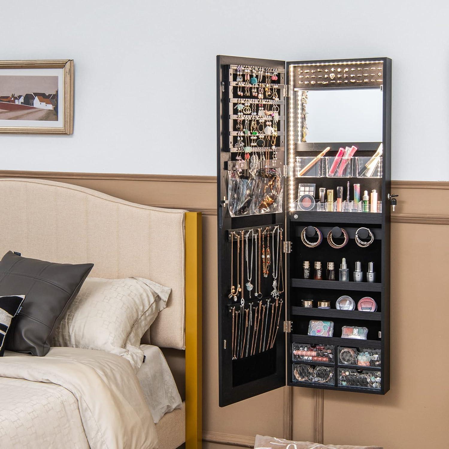 image:imageCHARMAID Jewelry Armoire Cabinet Wall Door Mounted 3 Colors LED Light Strip 472H Full Length Mirror Brush and Lipstick Storage Lockable Jewelry Organizer Box with 4 Drawers Black