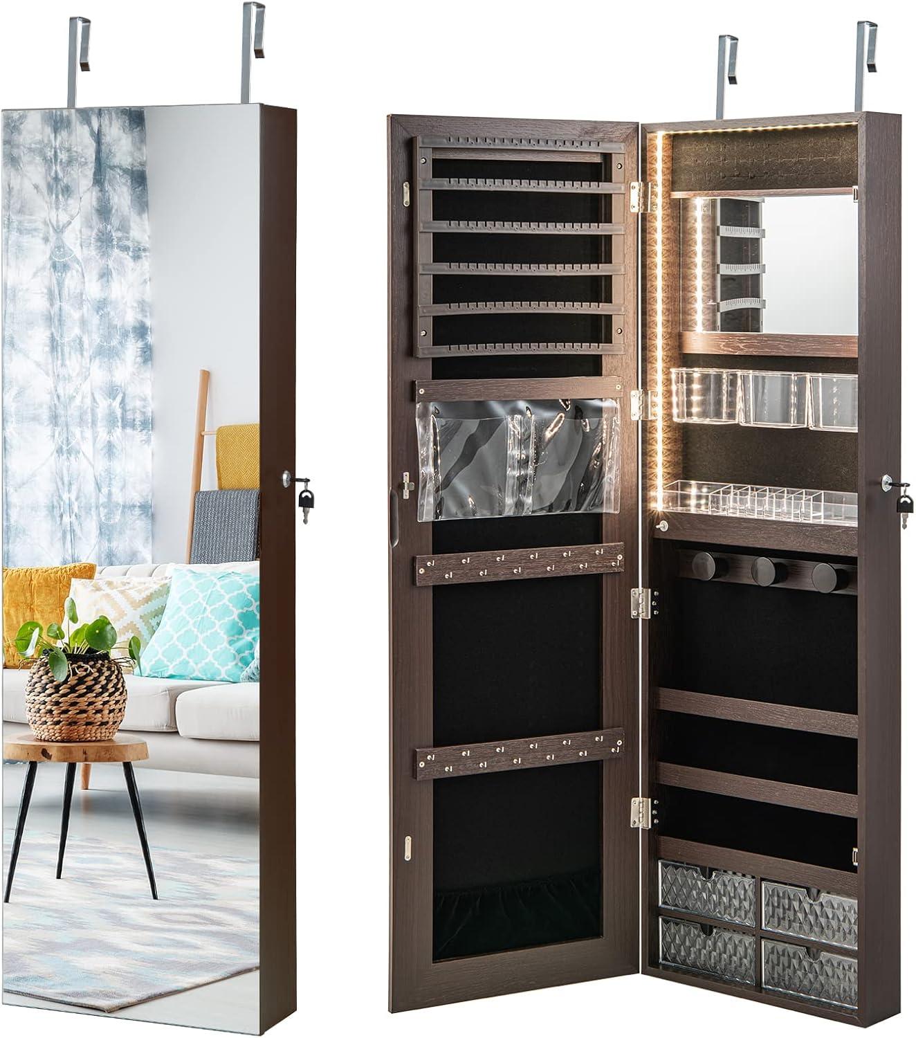 image:imageCHARMAID Jewelry Armoire Cabinet Wall Door Mounted 3 Colors LED Light Strip 472H Full Length Mirror Brush and Lipstick Storage Lockable Jewelry Organizer Box with 4 Drawers Brown