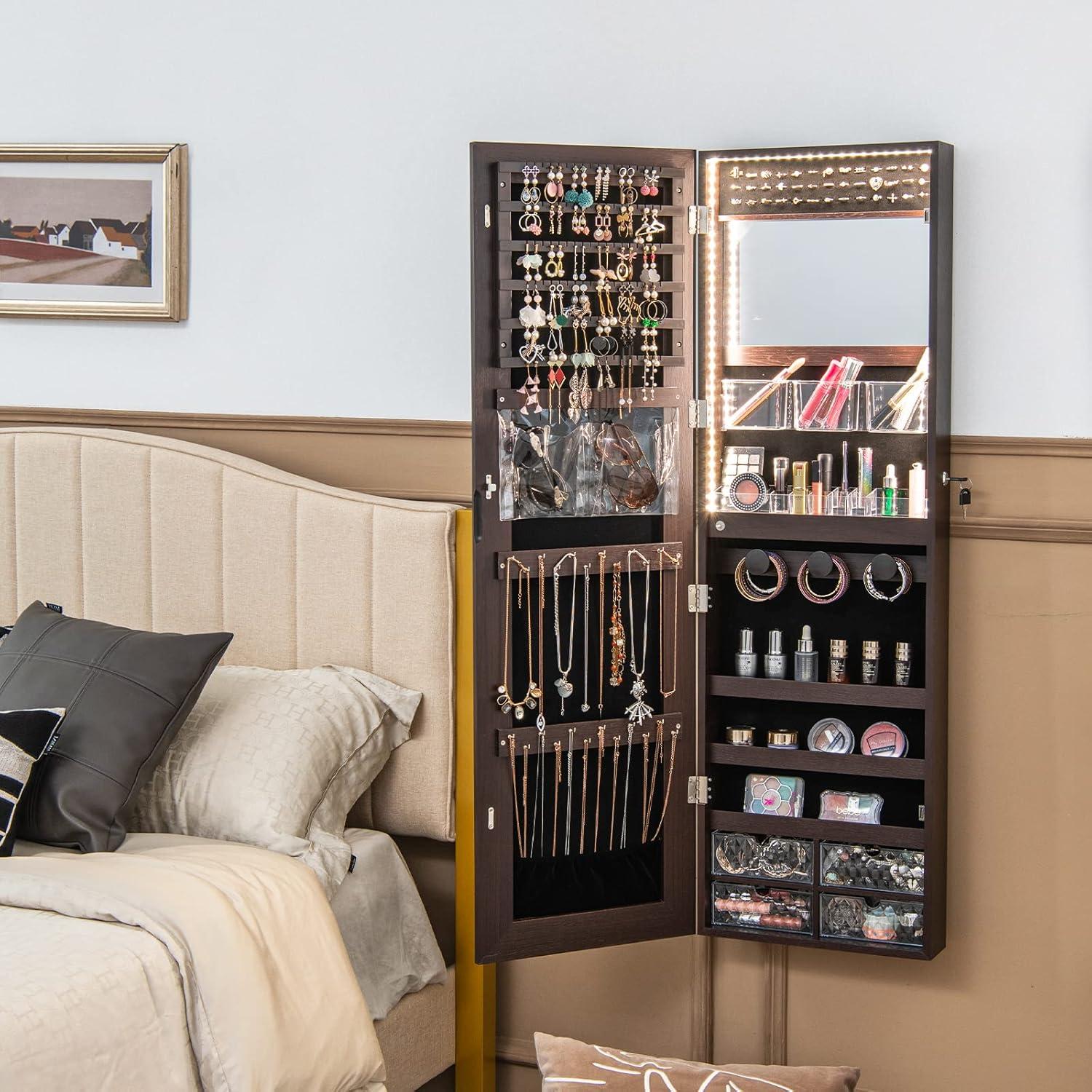 image:imageCHARMAID Jewelry Armoire Cabinet Wall Door Mounted 3 Colors LED Light Strip 472H Full Length Mirror Brush and Lipstick Storage Lockable Jewelry Organizer Box with 4 Drawers Brown