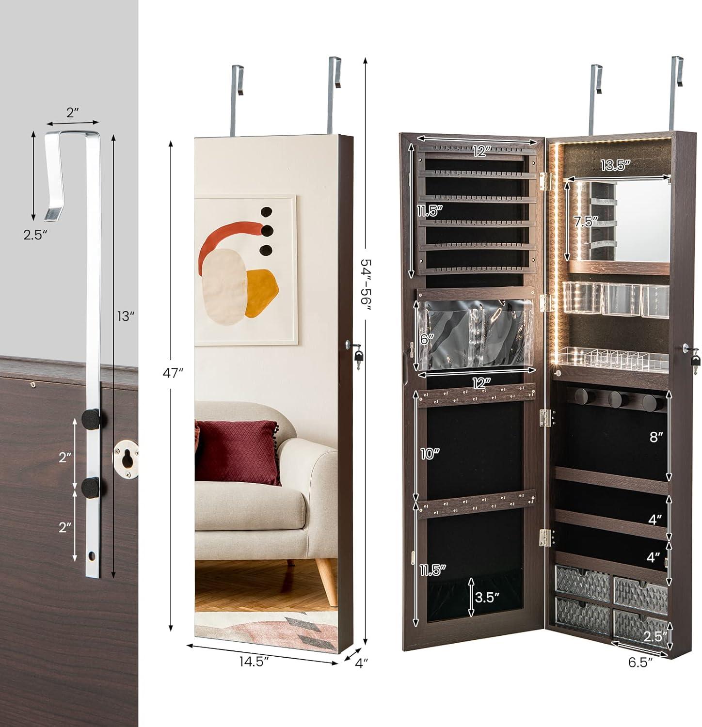 image:imageCHARMAID Jewelry Armoire Cabinet Wall Door Mounted 3 Colors LED Light Strip 472H Full Length Mirror Brush and Lipstick Storage Lockable Jewelry Organizer Box with 4 Drawers Brown