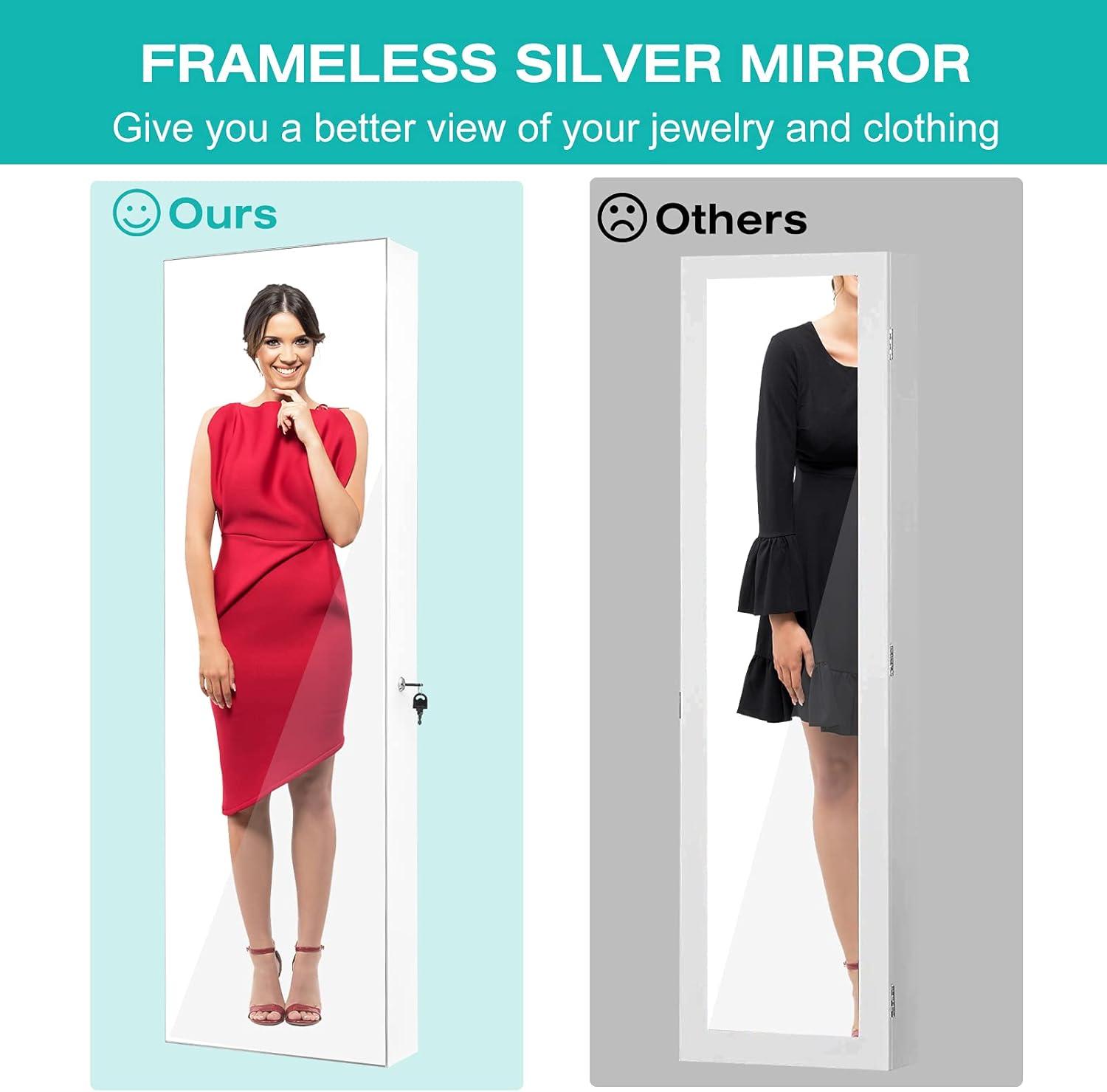 image:imageCHARMAID LED Strip Jewelry Armoire with 472 H Full Length Mirror WallDoor Mounted Jewelry Organizer with Builtin Mirror Flipover Cosmetic Tray 4 Drawers Large Storage Jewelry Cabinet BlackWhite