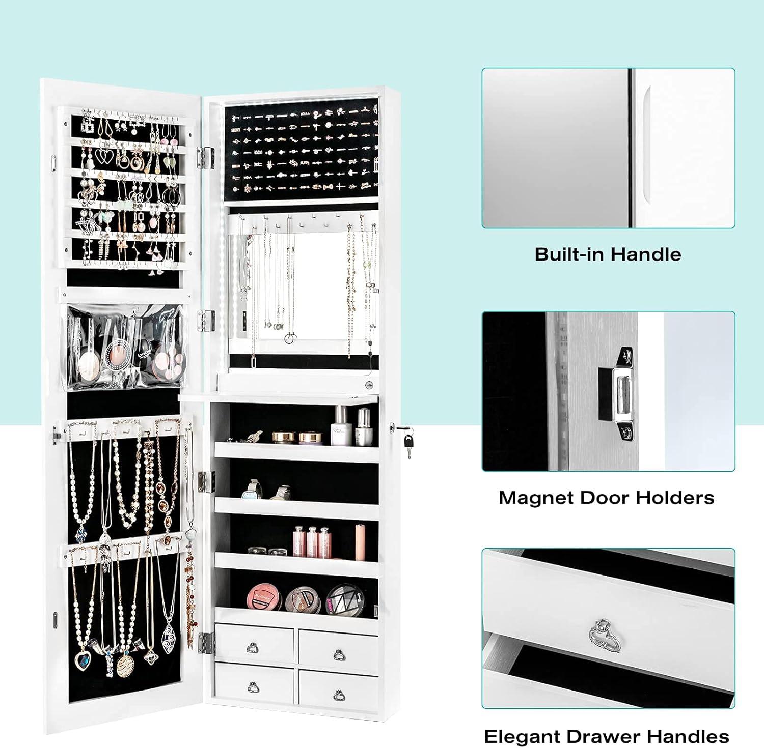 image:imageCHARMAID LED Strip Jewelry Armoire with 472 H Full Length Mirror WallDoor Mounted Jewelry Organizer with Builtin Mirror Flipover Cosmetic Tray 4 Drawers Large Storage Jewelry Cabinet BlackWhite