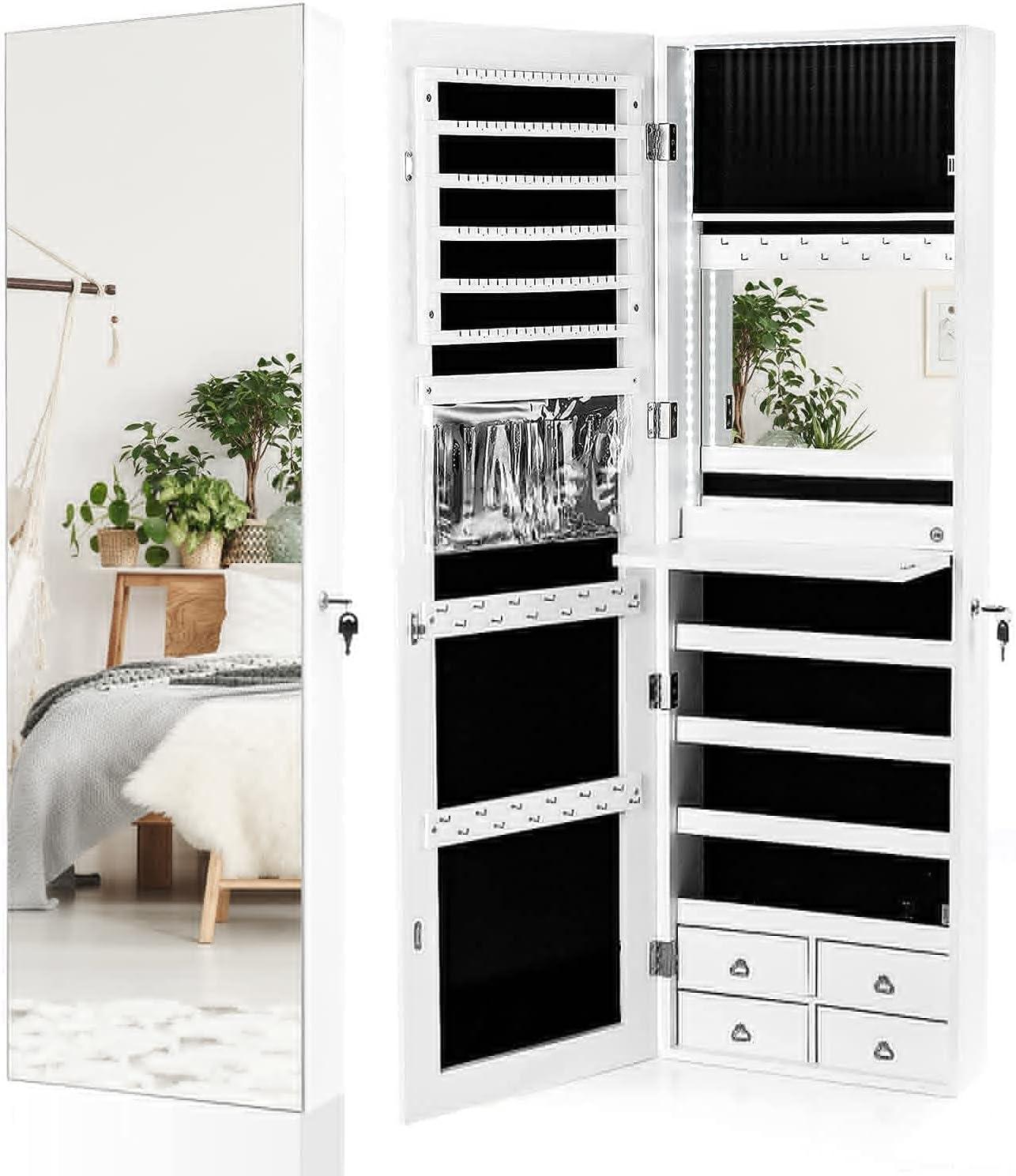 image:imageCHARMAID LED Strip Jewelry Armoire with 472 H Full Length Mirror WallDoor Mounted Jewelry Organizer with Builtin Mirror Flipover Cosmetic Tray 4 Drawers Large Storage Jewelry Cabinet BlackWhite