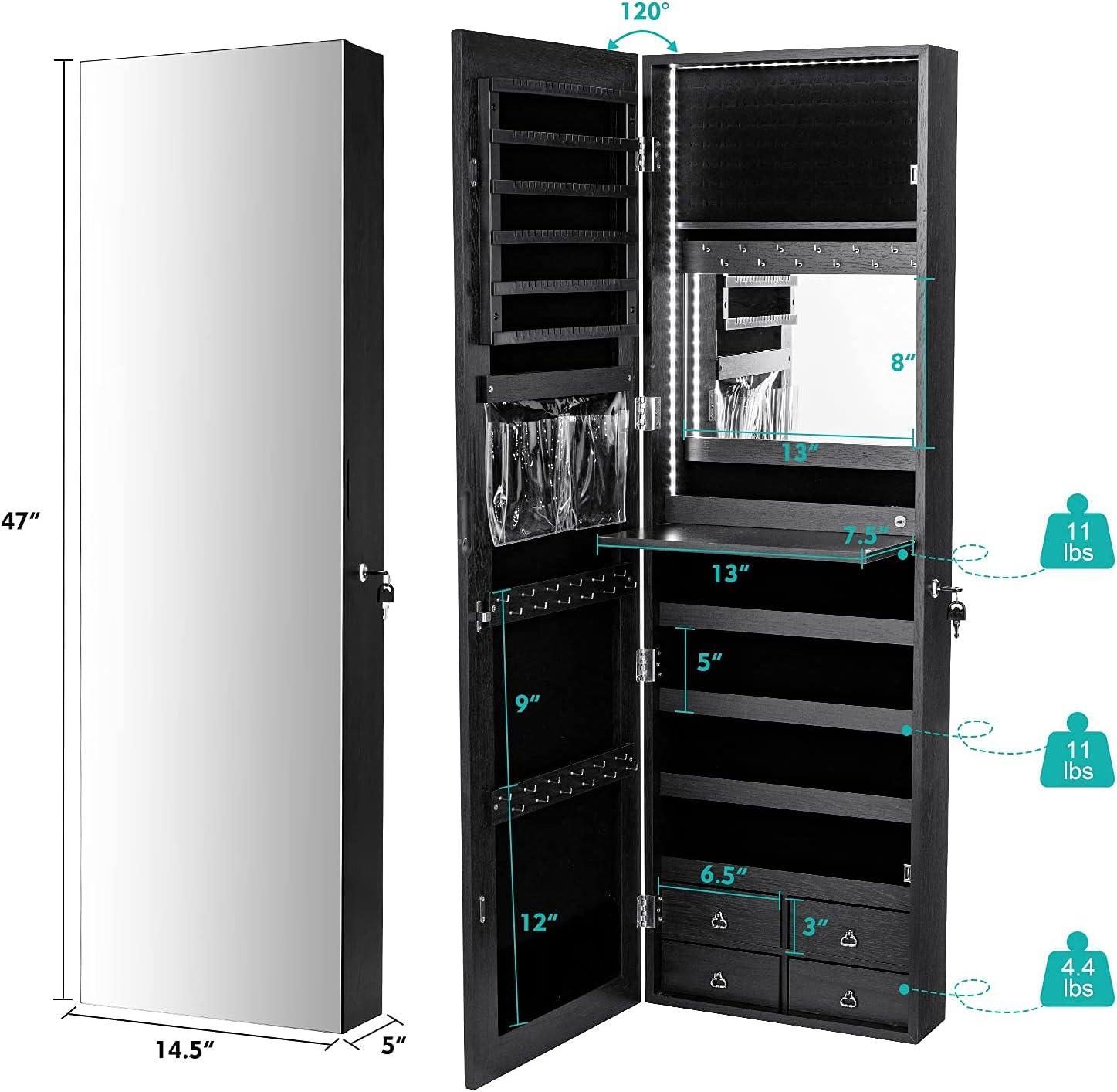 image:imageCHARMAID LED Strip Jewelry Armoire with 472 H Full Length Mirror WallDoor Mounted Jewelry Organizer with Builtin Mirror Flipover Cosmetic Tray 4 Drawers Large Storage Jewelry Cabinet BlackBlack