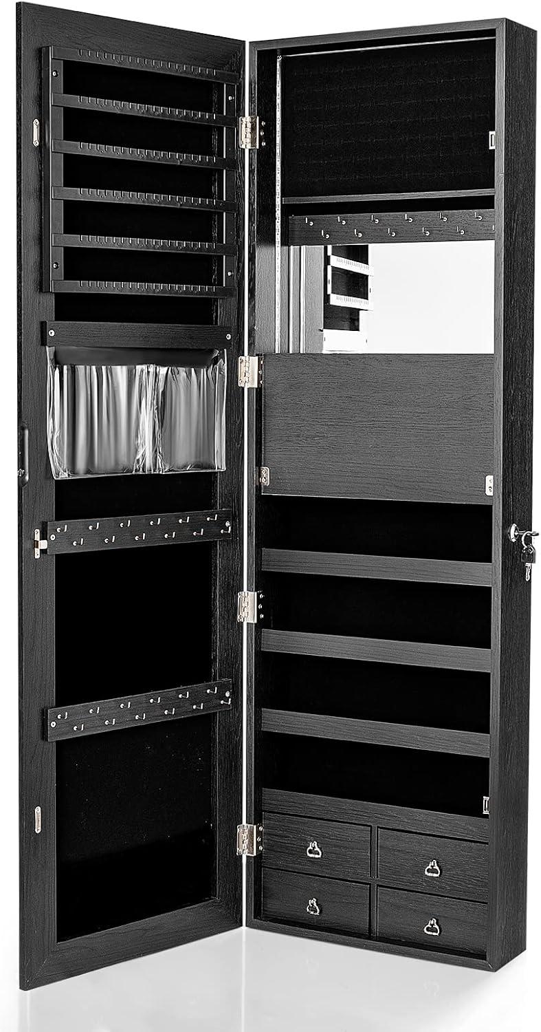 image:imageCHARMAID LED Strip Jewelry Armoire with 472 H Full Length Mirror WallDoor Mounted Jewelry Organizer with Builtin Mirror Flipover Cosmetic Tray 4 Drawers Large Storage Jewelry Cabinet BlackBlack