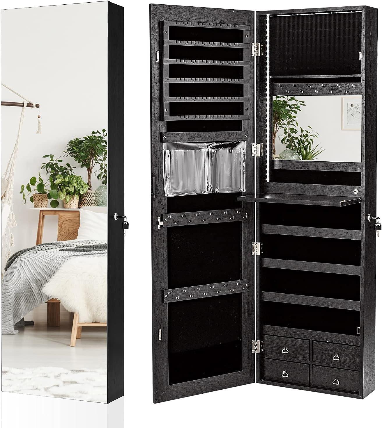 image:imageCHARMAID LED Strip Jewelry Armoire with 472 H Full Length Mirror WallDoor Mounted Jewelry Organizer with Builtin Mirror Flipover Cosmetic Tray 4 Drawers Large Storage Jewelry Cabinet BlackBlack