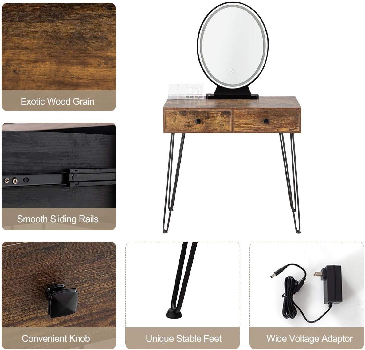 image:imageCHARMAID Makeup Vanity Table with Lighted Mirror 3 Lighting Sets Adjustable Brightness 2 Large Drawers Acrylic Storage Boxes Girls Bedroom Dressing Table Vanity Set with Stool Rustic BrownRustic Brown