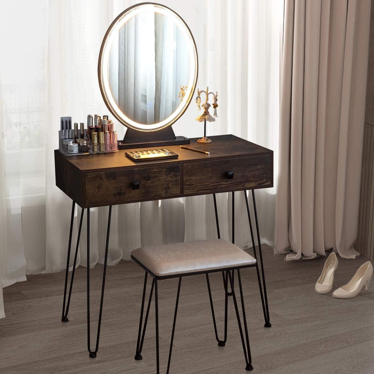 image:imageCHARMAID Makeup Vanity Table with Lighted Mirror 3 Lighting Sets Adjustable Brightness 2 Large Drawers Acrylic Storage Boxes Girls Bedroom Dressing Table Vanity Set with Stool Rustic BrownRustic Brown