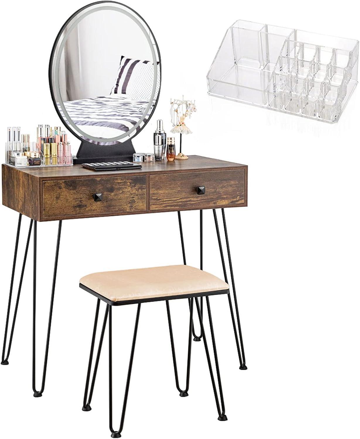 image:imageCHARMAID Makeup Vanity Table with Lighted Mirror 3 Lighting Sets Adjustable Brightness 2 Large Drawers Acrylic Storage Boxes Girls Bedroom Dressing Table Vanity Set with Stool Rustic BrownRustic Brown