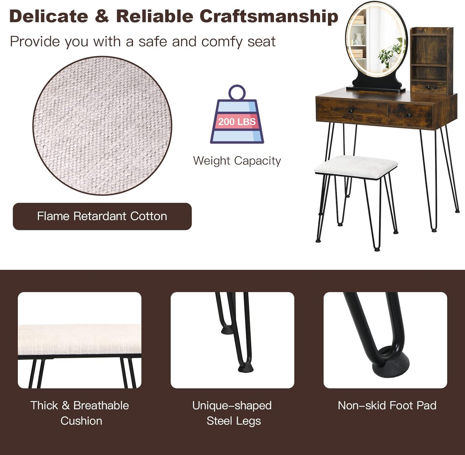 image:imageCHARMAID Makeup Vanity Table with Lighted Mirror 3 Lighting Sets Adjustable Brightness 2 Large Drawers Acrylic Storage Boxes Girls Bedroom Dressing Table Vanity Set with Stool Rustic BrownRustic Brown