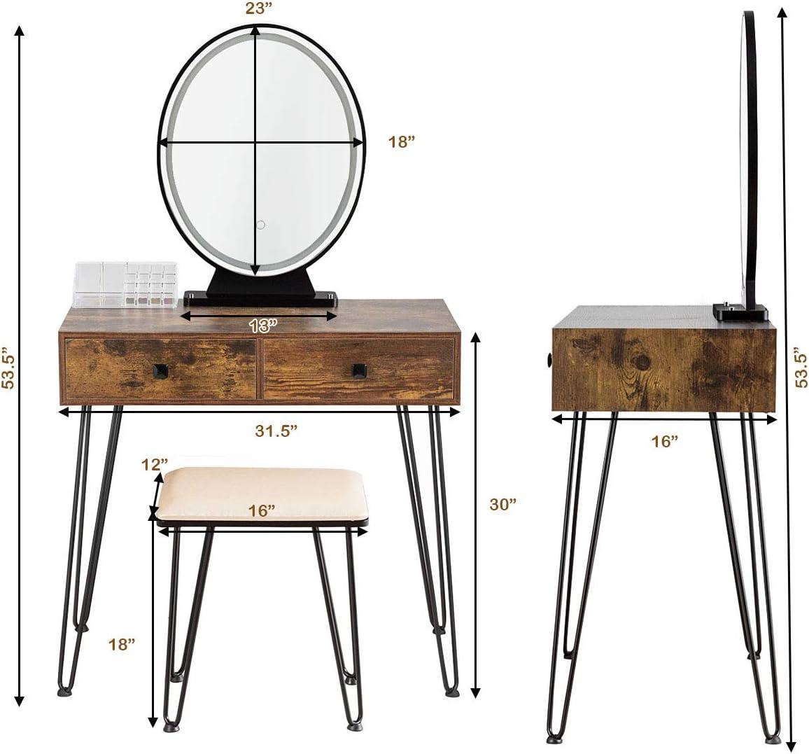 image:imageCHARMAID Makeup Vanity Table with Lighted Mirror 3 Lighting Sets Adjustable Brightness 2 Large Drawers Acrylic Storage Boxes Girls Bedroom Dressing Table Vanity Set with Stool Rustic BrownRustic Brown
