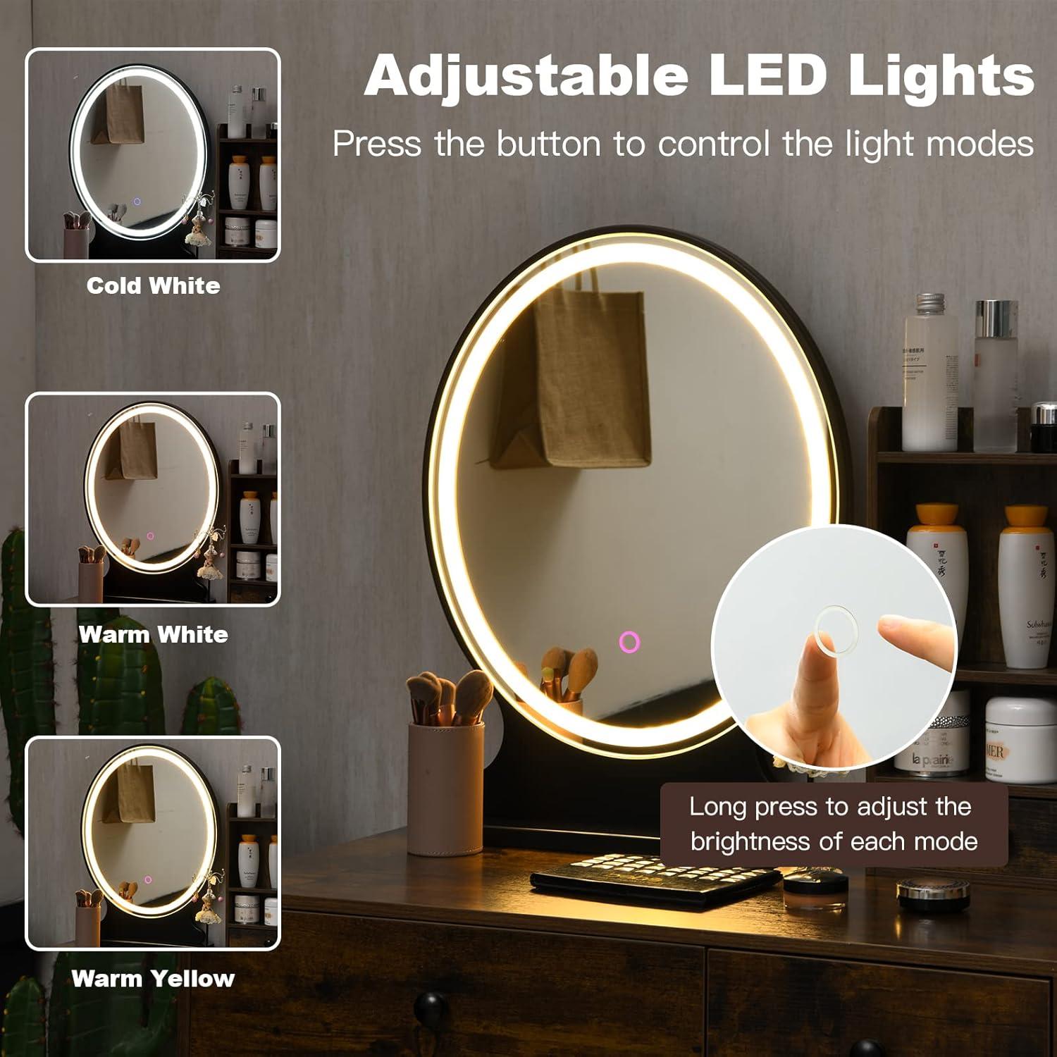 image:imageCHARMAID Makeup Vanity Table with Lighted Mirror 3 Lighting Sets Adjustable Brightness 2 Large Drawers Acrylic Storage Boxes Girls Bedroom Dressing Table Vanity Set with Stool Rustic BrownRustic Brown